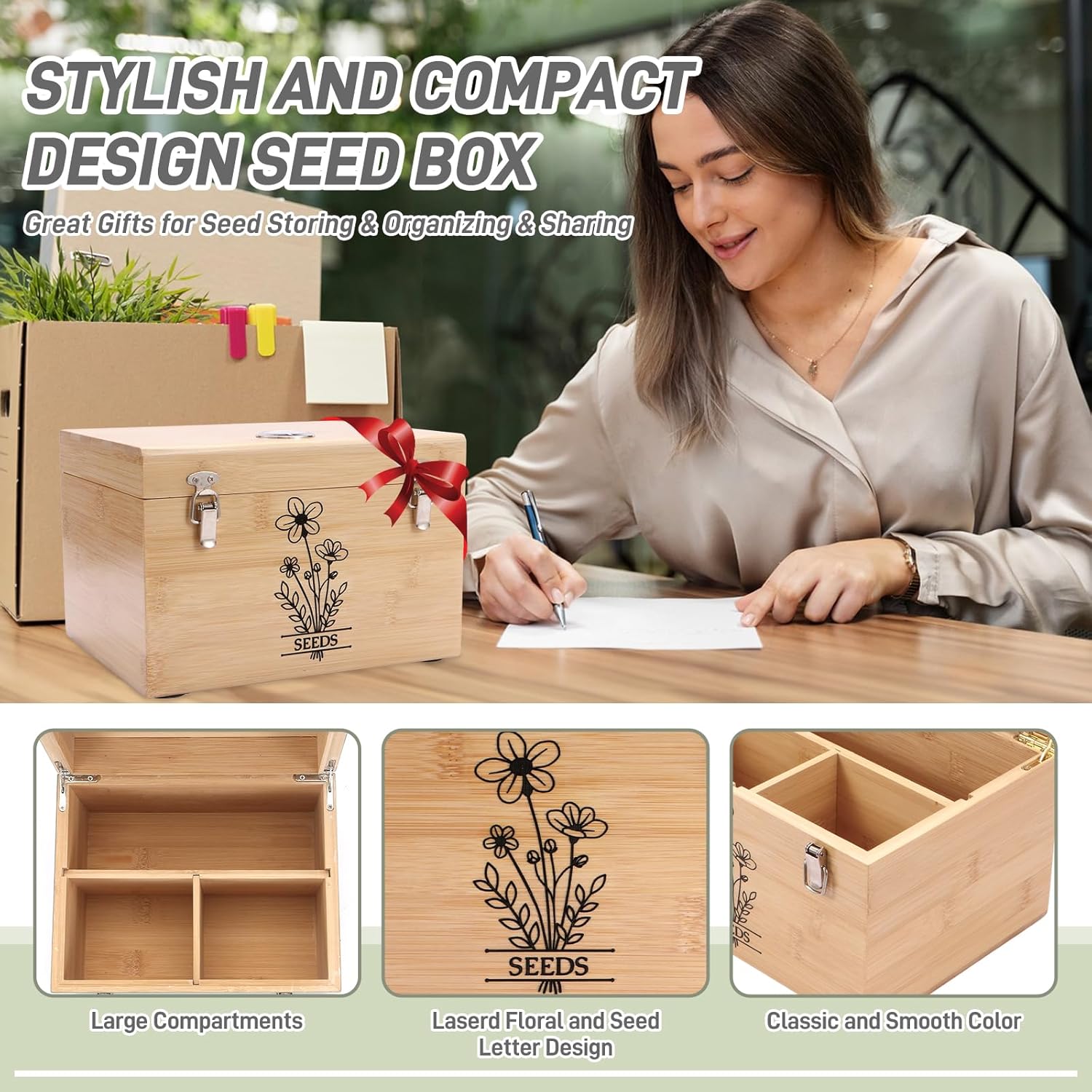 Professional-Designed Bamboo Seed Storage Box with Built-in Hygrometer, Double-Layer Airtight Lid and Safety Lock, Temperature-Stable Wooden Seed Organizer for Preservation, Great Gifts for Gardener - Image 7