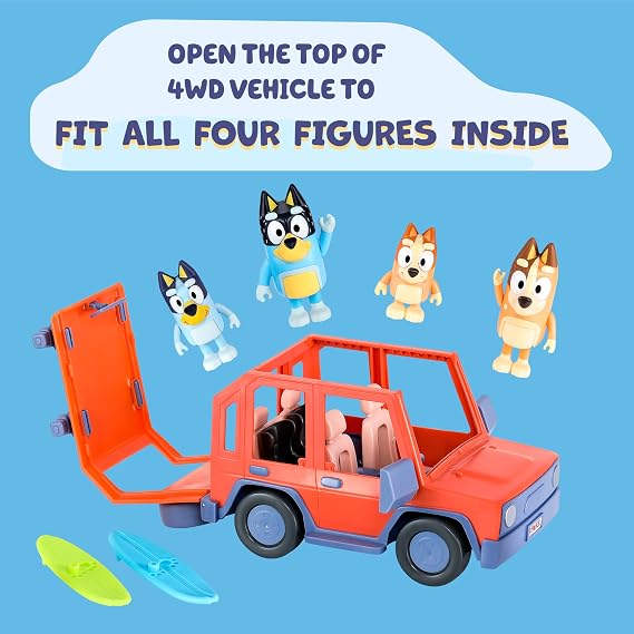 Bluey Heeler 4WD Family Toddler Toy Car with 4 Figures, Surfboards and Sticker Sheet, Pretend Play, Bluey Toys for Kids Ages 3+