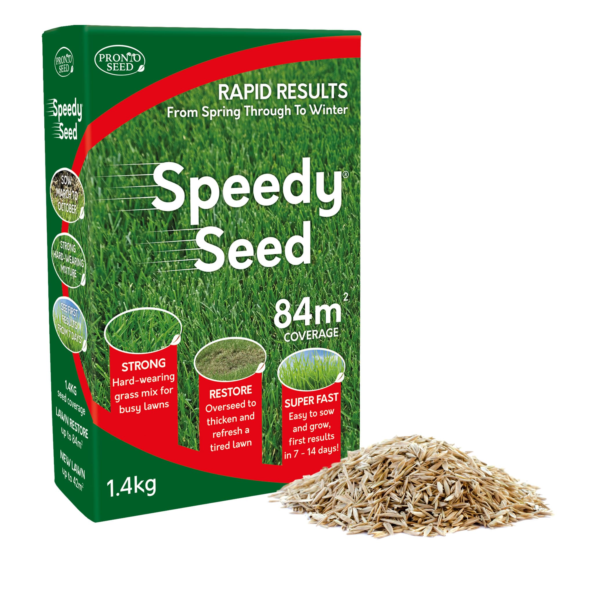 Pronto Seed Premium Grass Seed 1.4 kg - Fast Growing, Hard-Wearing - Covers 84m² for Lawns & Overseeding - DEFRA Approved & Tailored for UK Climate (1.4kg)