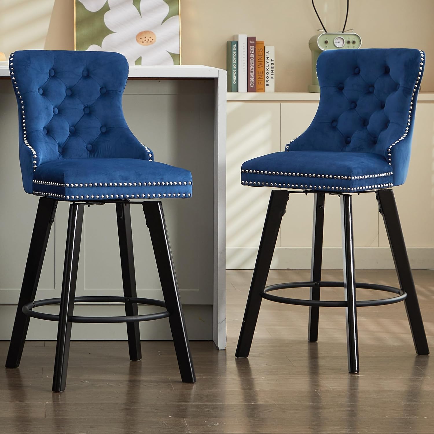 Medieval Modern Rotating Velvet Set of 2 Bar Chair 360 Rotating Function with Backrest and Foot Pads Suitable for Kitchen Bars Restaurants and Bars（Navy Blue）