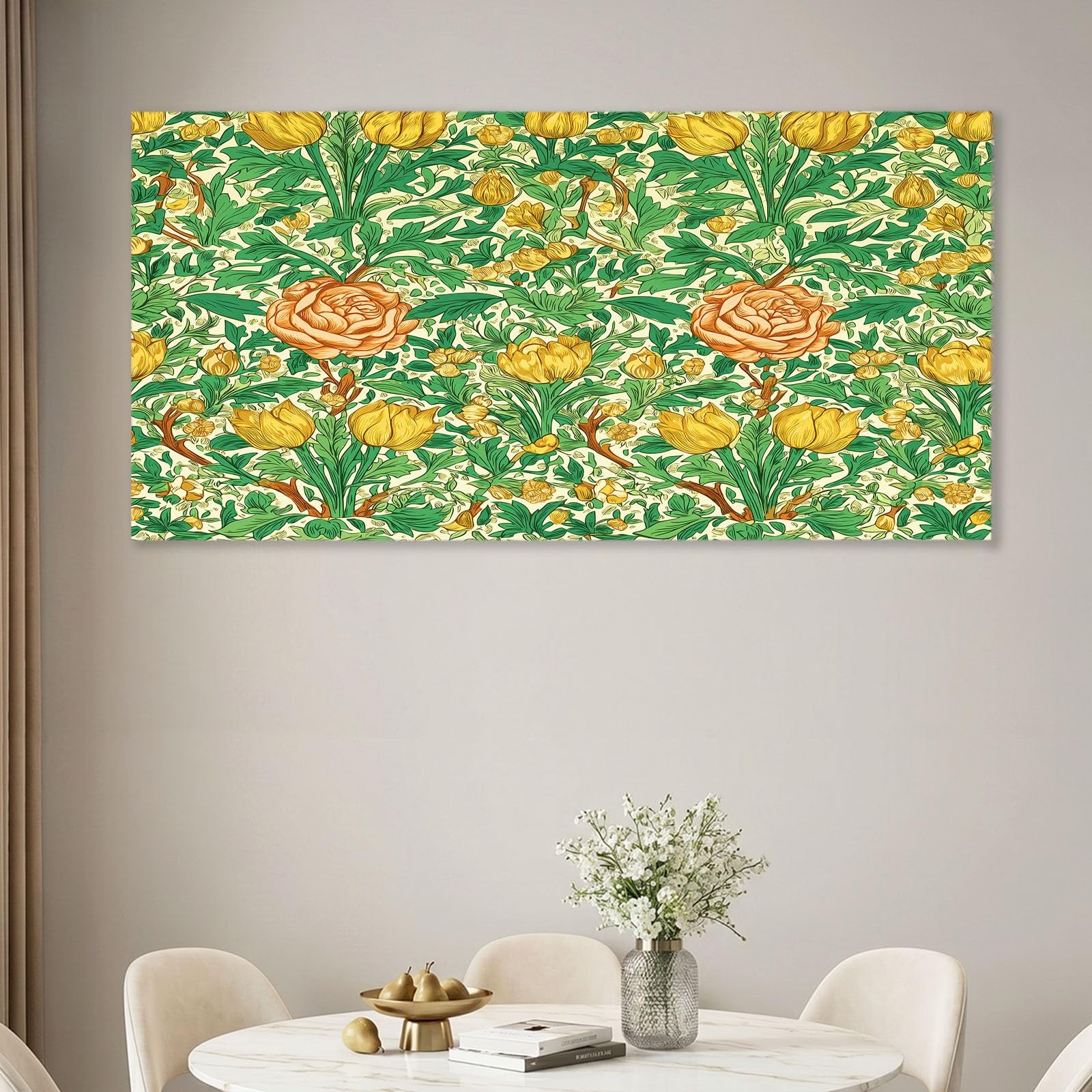 Sztuka ścienna 140 x 70 cm wydruki na płótnie retro - wodoodporny plakat zielone kwiatowe róże liście, obraz do salonu, sypialni, biura, kuchni, wystrój domu