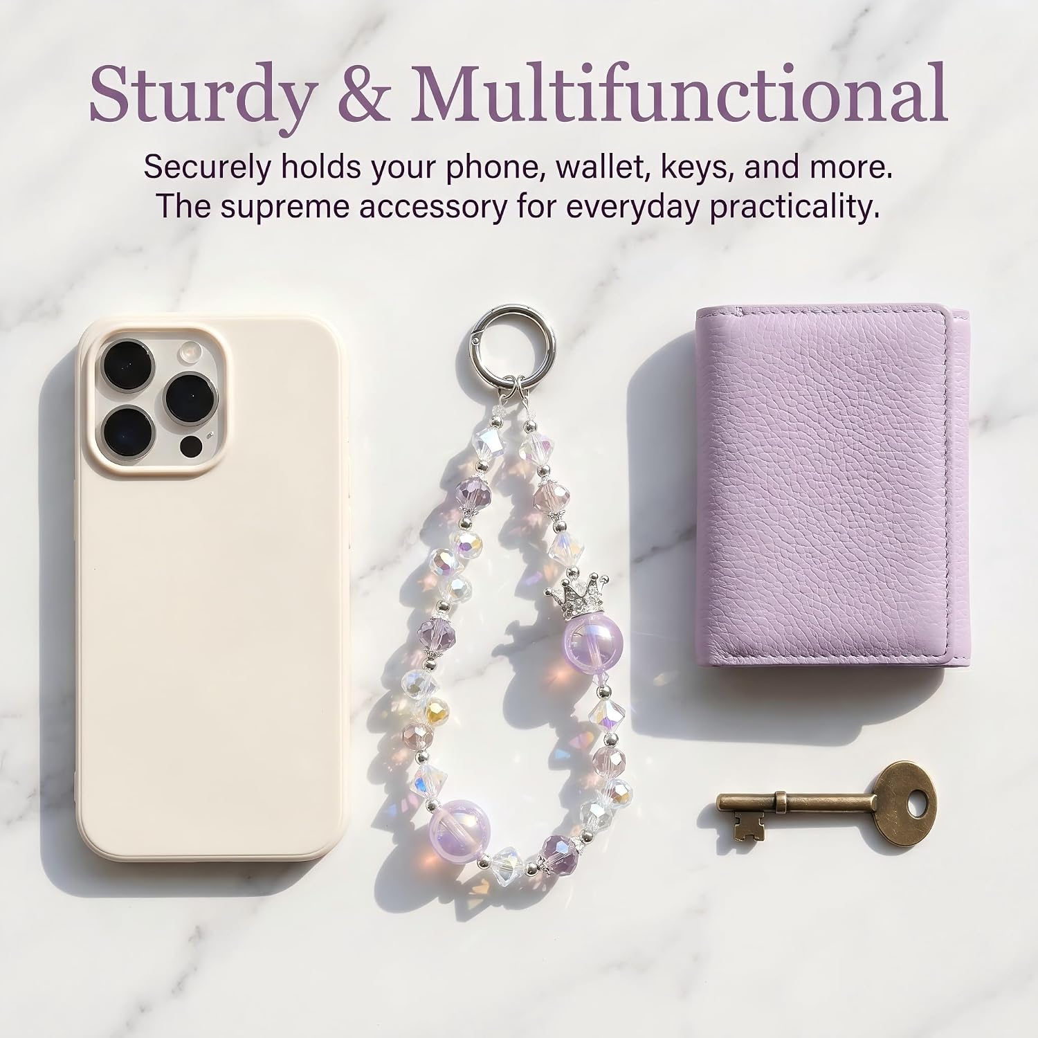 Crystal Phone Wrist Strap for Women Beaded Phone Charm Crown Connection Hands-Free Lanyard Key Chain Cute Jewelry Purple Alloy Luxury Bling Accessory