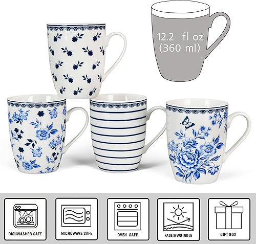 Miniatura 2 de STP GOODS Taza grande de porcelana de 13.5 fl. oz. Juego de 4 en caja de regalo (Vintage Indigo)