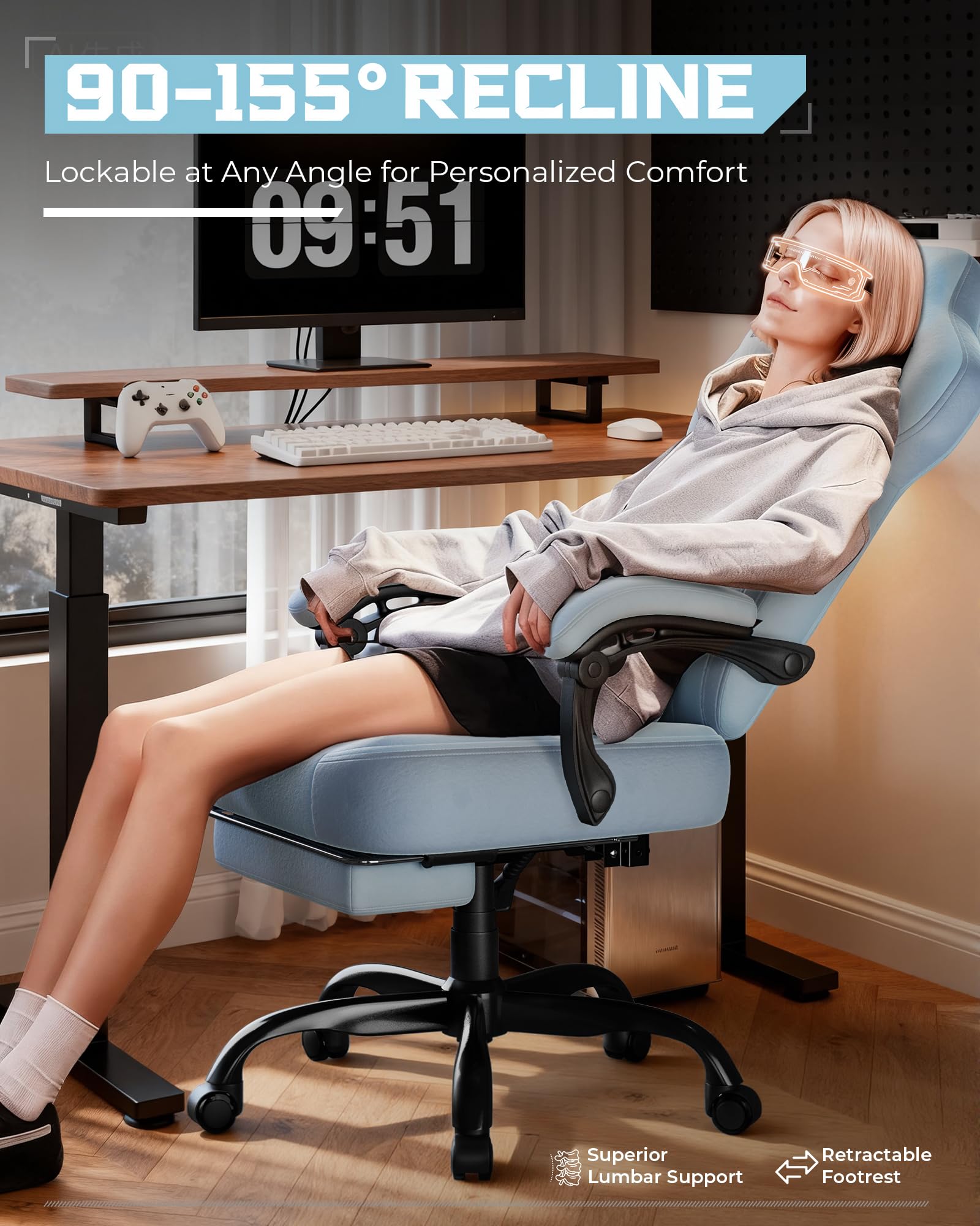 LUCKRACER Gaming Stuhl Stoff, Bürostuhl mit verbundenen Armlehnen, Memory-Schaum-Kissen, 90–155° Neigungswinkel und Fußstütze, strapazierfähigem Funktionsgewebe, blau