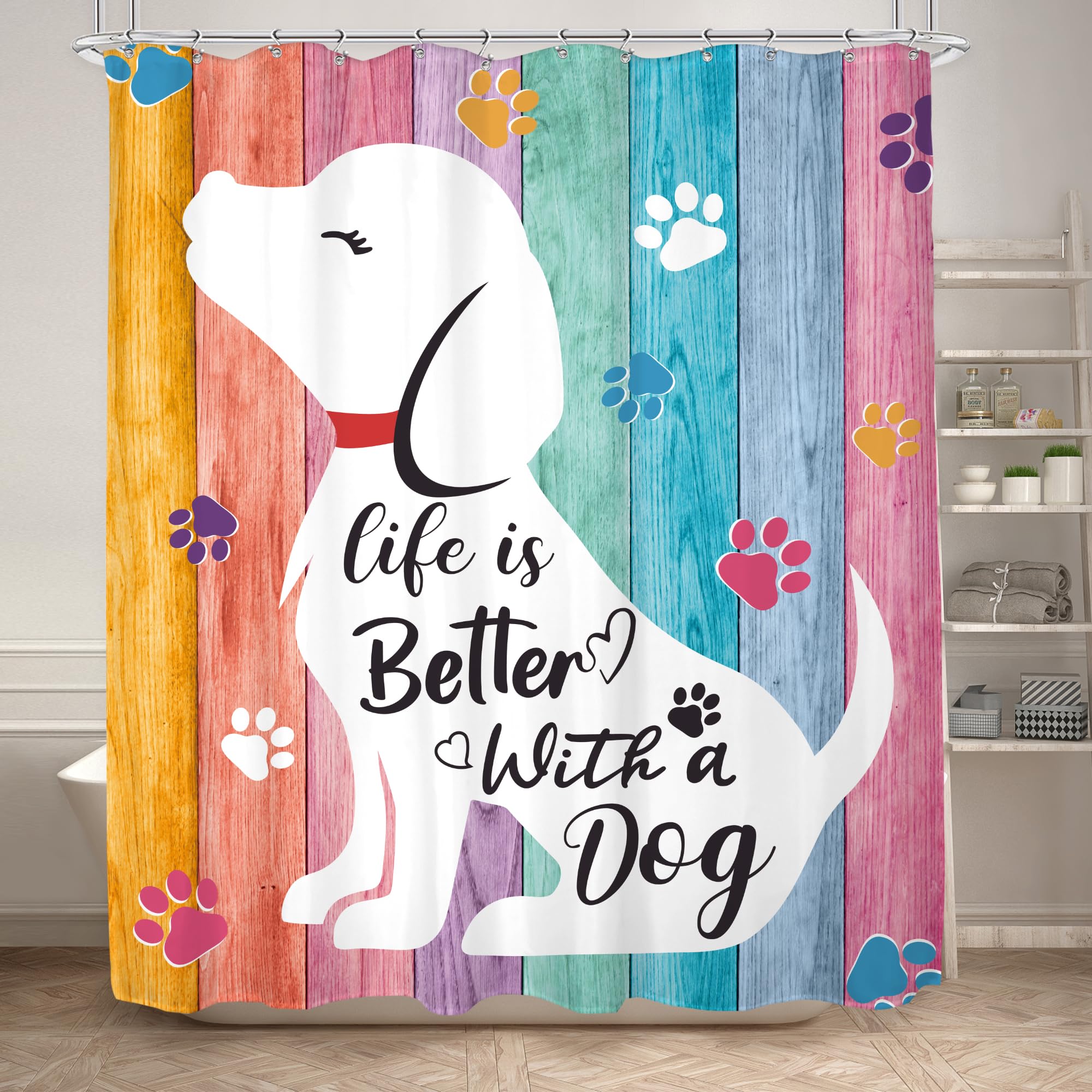 KOMLLEX Cute Dog Kids Shower Curtain for Bathroom Decor Funny Animal Colorful Wood Plank Child Country Lovely Farmhouse Pet Footprint Fabric Waterproof Polyester 12 Pack Hooks Pink 60Wx72H Inches