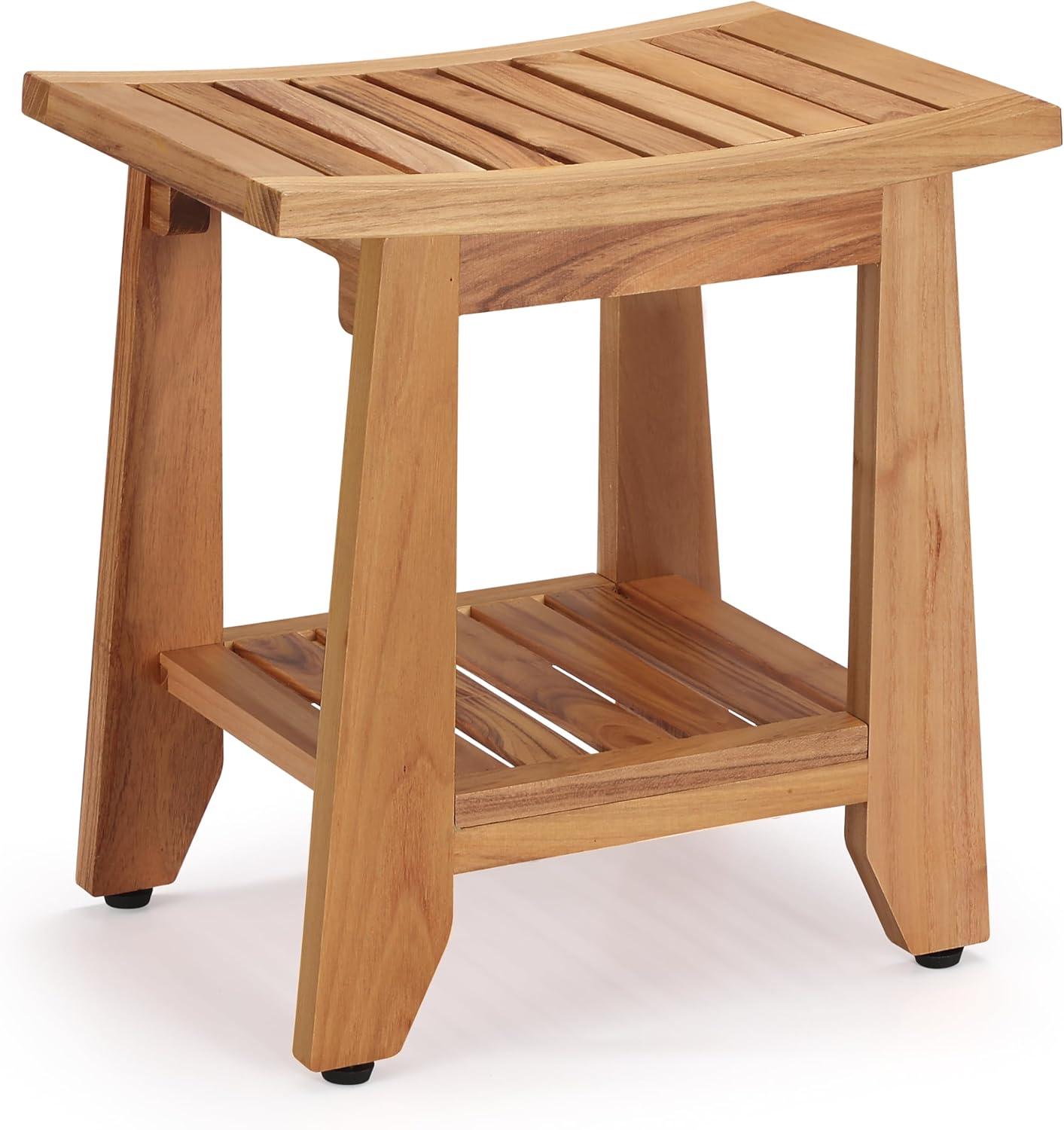 Teak Shower Bench Stool, 14'' Compact Waterproof Wooden Sauna Bath Bench with Storage Shelf, Non-Slip Solid Teak Shower Seat Chair for Small Bathrooms Inside Shower and Outdoor Use