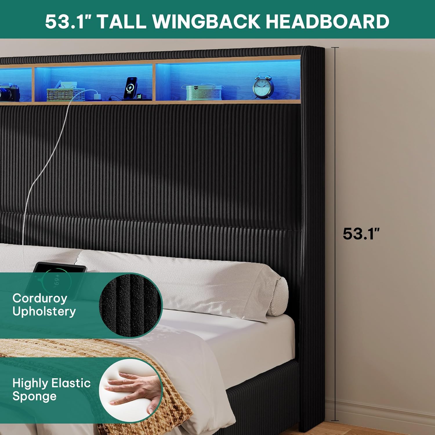 DWVO King Size Corduroy Upholstered Platform Bed Frame with Charging Station and RGB LED Lights, 53’’ Tall Storage Wingback Headboard, No Box Spring Needed, Easy Assembly, Noise-Free, Black