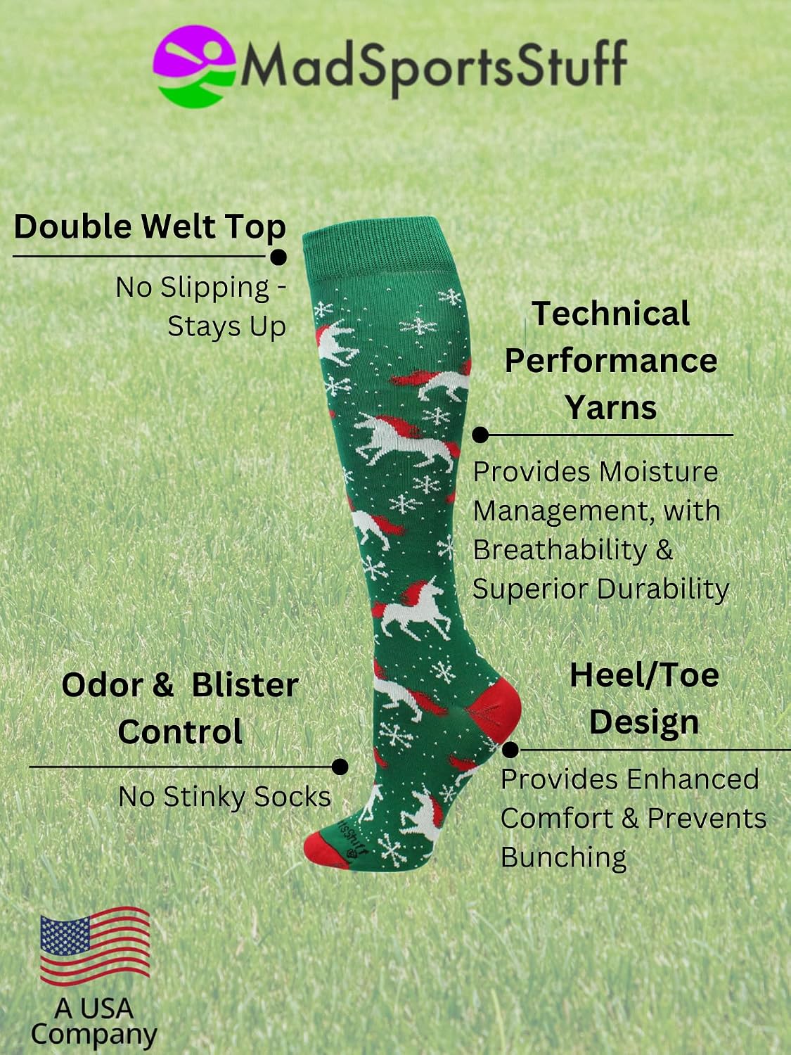 MadSportsStuff Christmas Unicorn Socks Over the Calf (Kelly Green/Red/White, Medium)