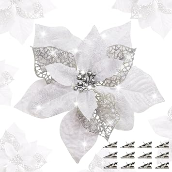 24 Pcs Christmas Poinsettia Flowers Artificial with Clips, 5.9" Christmas Decor Glitter Poinsettia Flowers for Christmas Tree New Year Wedding Party Wreath DIY Garland Decor Sliver