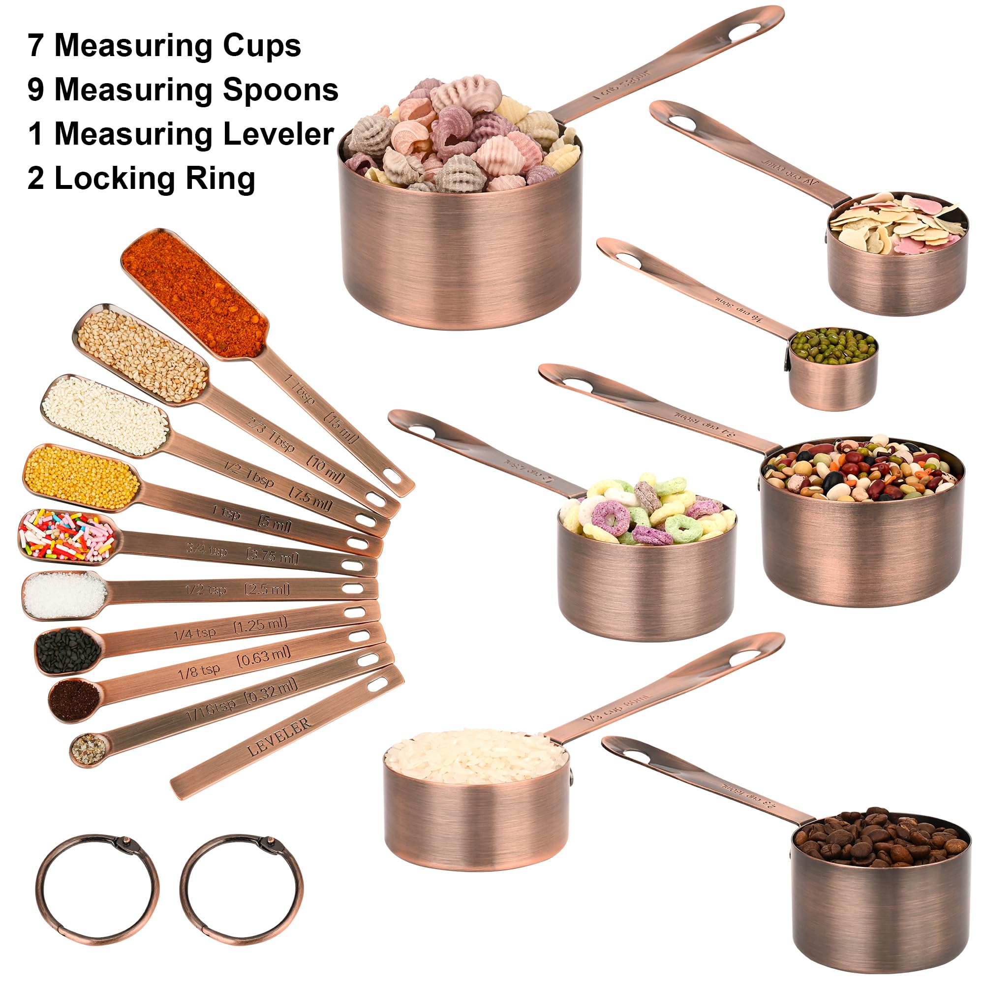 Kupfer-Messbecher und Löffel-Set, 17 Stück, Edelstahl mit Kupfer-Finish, Bronze, Messbecher und Löffel-Set, Messbecher und Löffel
