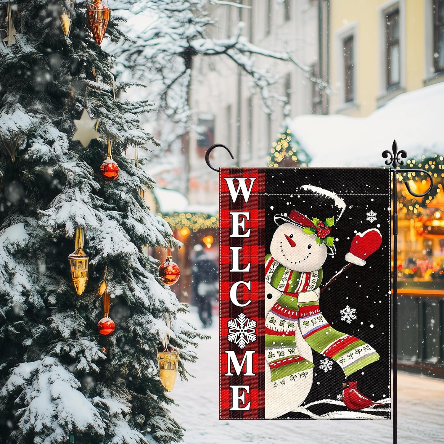 Prime+Deals+Sale Welcome Christmas Garden Flag 12x18 Inch Double Sided Snowman Buffalo Plaid Welcome Flag for Outside Winter Festive Holiday Yard Outdoor Decorative Burlap Yard Flag - Image 5