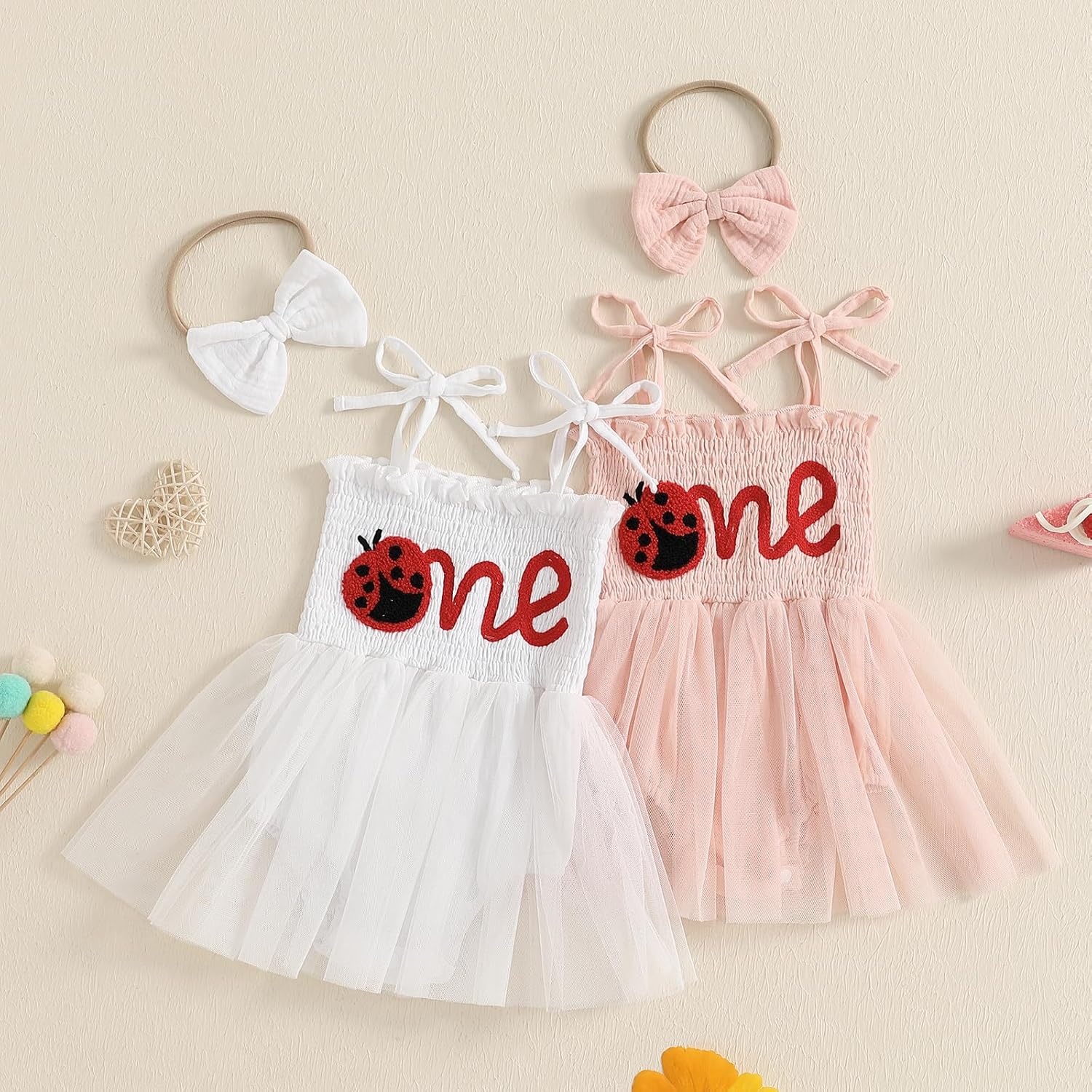 BULINGNA Summer Baby Girl First Birthday Outfit Ladybug Letter One Embroidery Tutu Romper Dress Headband for 1 Year Old Girl