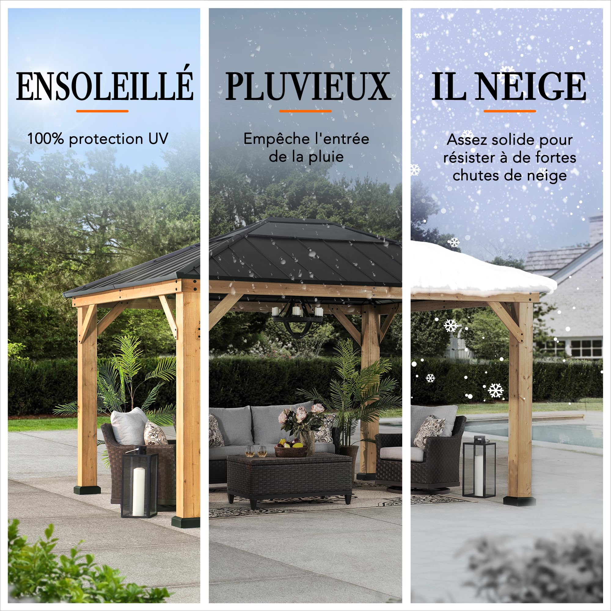 SUNJOY Tonnelle Hardtop Bois 3,3×3,9 m, Cadre en Cèdre Naturel, Toit en Acier avec Puits de Lumière en Polycarbonate, Pavillon Extérieur Résistant au Vent et à la Neige pour Jardin, Patio et Terrasse