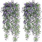 TOCHGREEN 4Pcs Artificial Hanging Plants Fern Vine, Faux Plastic Plants Fake Ivy Vine Greenery Garland with Purple Flower, Outdoor Indoor Decorations for Living Room Balcony Garden Wall Home Decor
