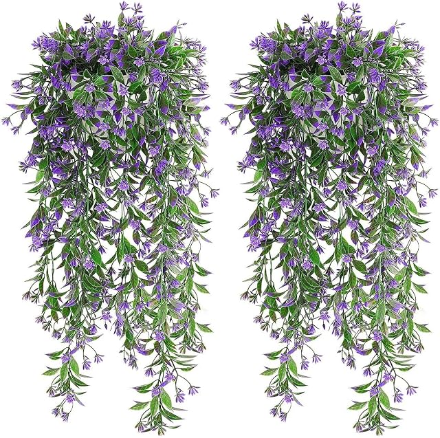 TOCHGREEN 4Pcs Artificial Hanging Plants Fern Vine, Faux Plastic Plants Fake Ivy Vine Greenery Garland with Purple Flower, Outdoor Indoor Decorations for Living Room Balcony Garden Wall Home Decor
