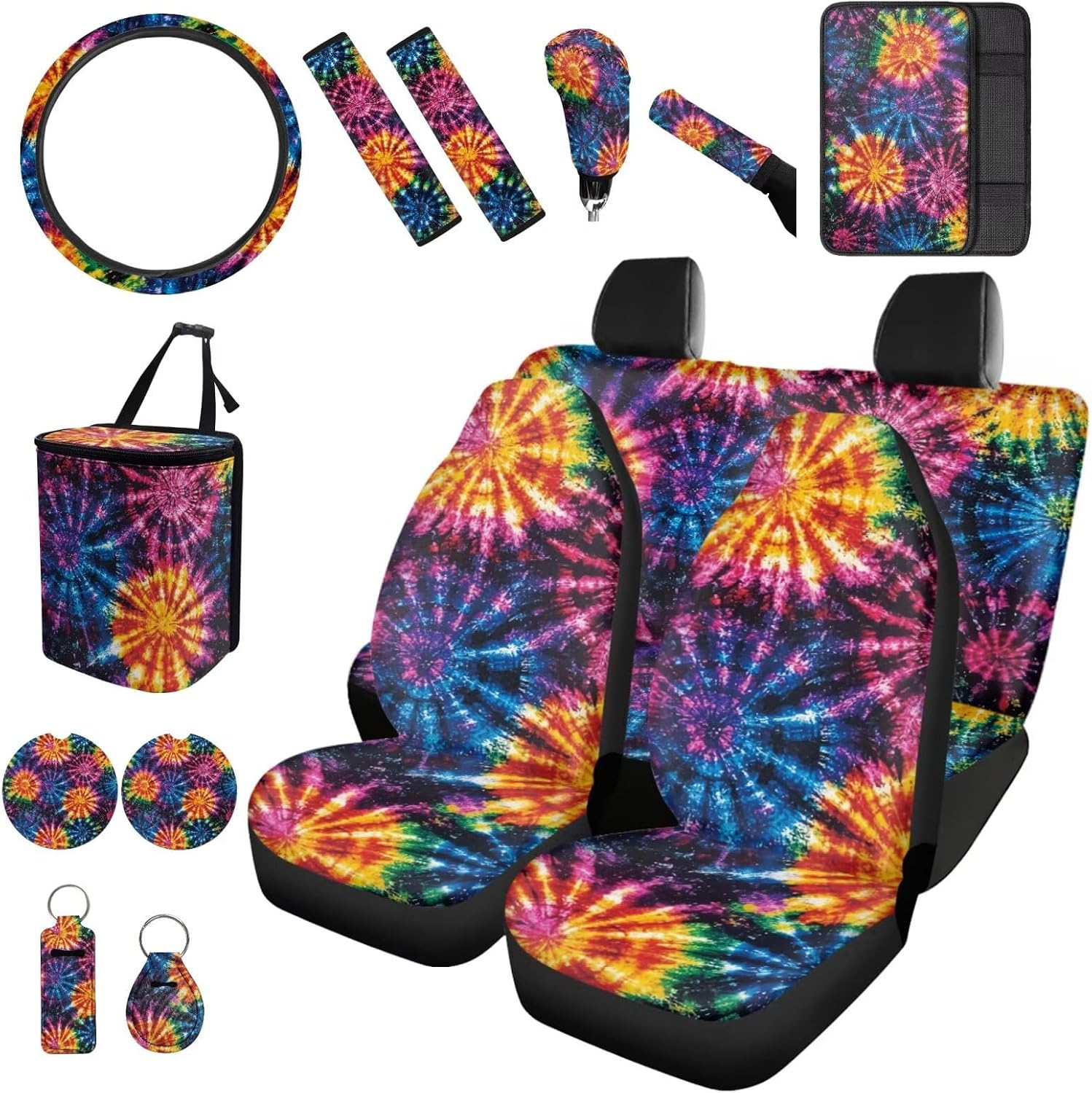 Tupalatus Colorful Tie-Dye 14 Pack Car Accessories Set with Fashion Auto Seat Covers Steering Wheel Cover Armrest Cover Seat Belt Cover Keychain Gear Shift Hoodie Handbrake Cover Trash Can Coasters