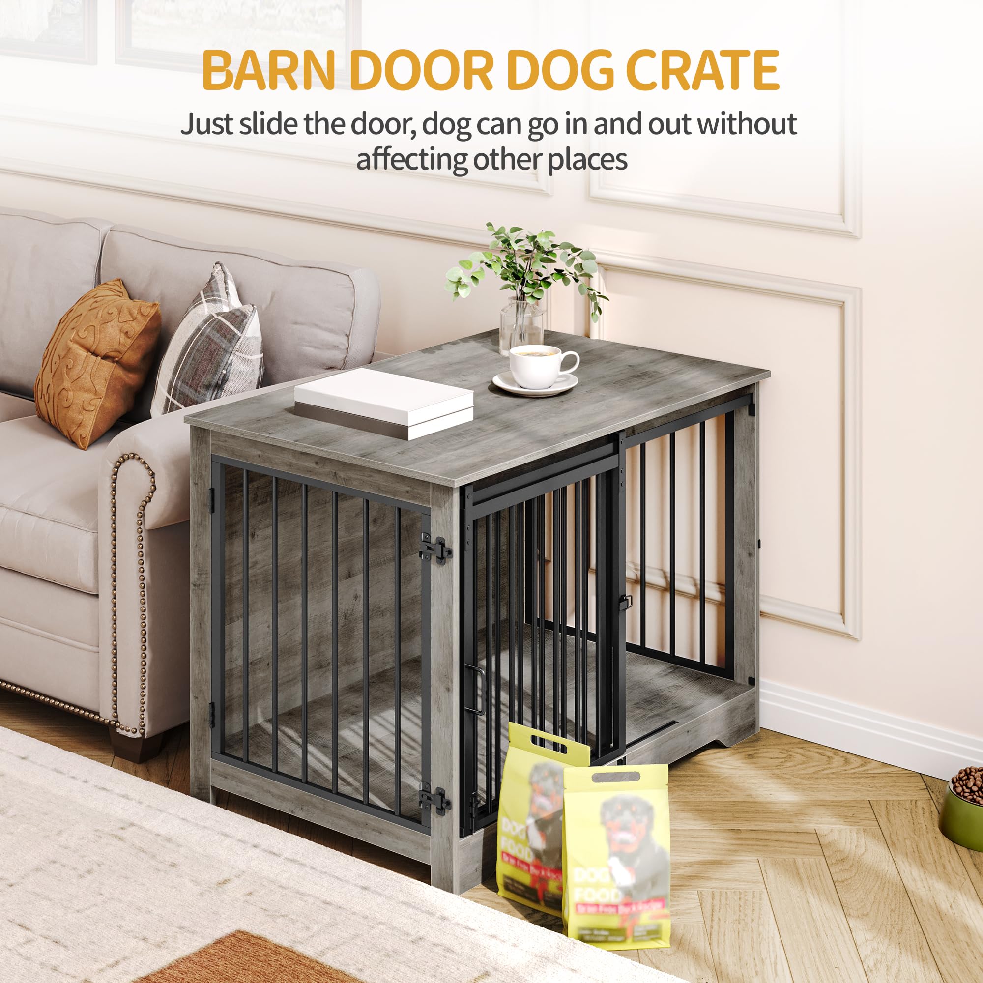 Hzuaneri 100cm Gabbia per Cani, Tavolo Supplemento, Nicchia Moderna per Cani, Gabbia per Cuccioli, Casetta per Animali, 2 porte, 60 x 100 x 68 cm, Avorio chiaro DFC02305B