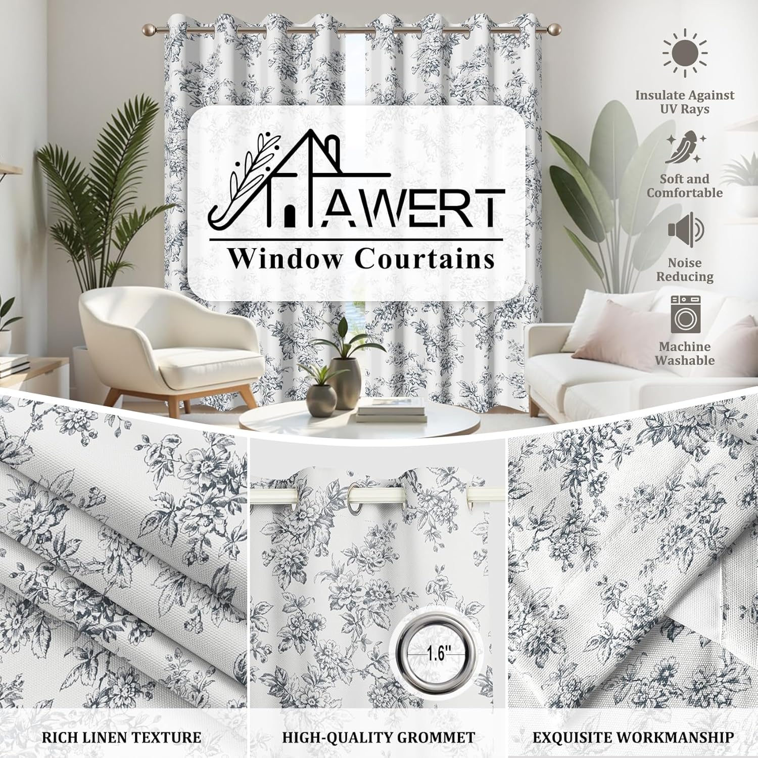 AWERT Floral Linen Window Curtains 63 inch Length 2 Panels for Bedroom Living Room Black White Flowers Light Filtering French Country Farmhouse Doorway Curtains for Sliding Glass Doors 42x63 Inches