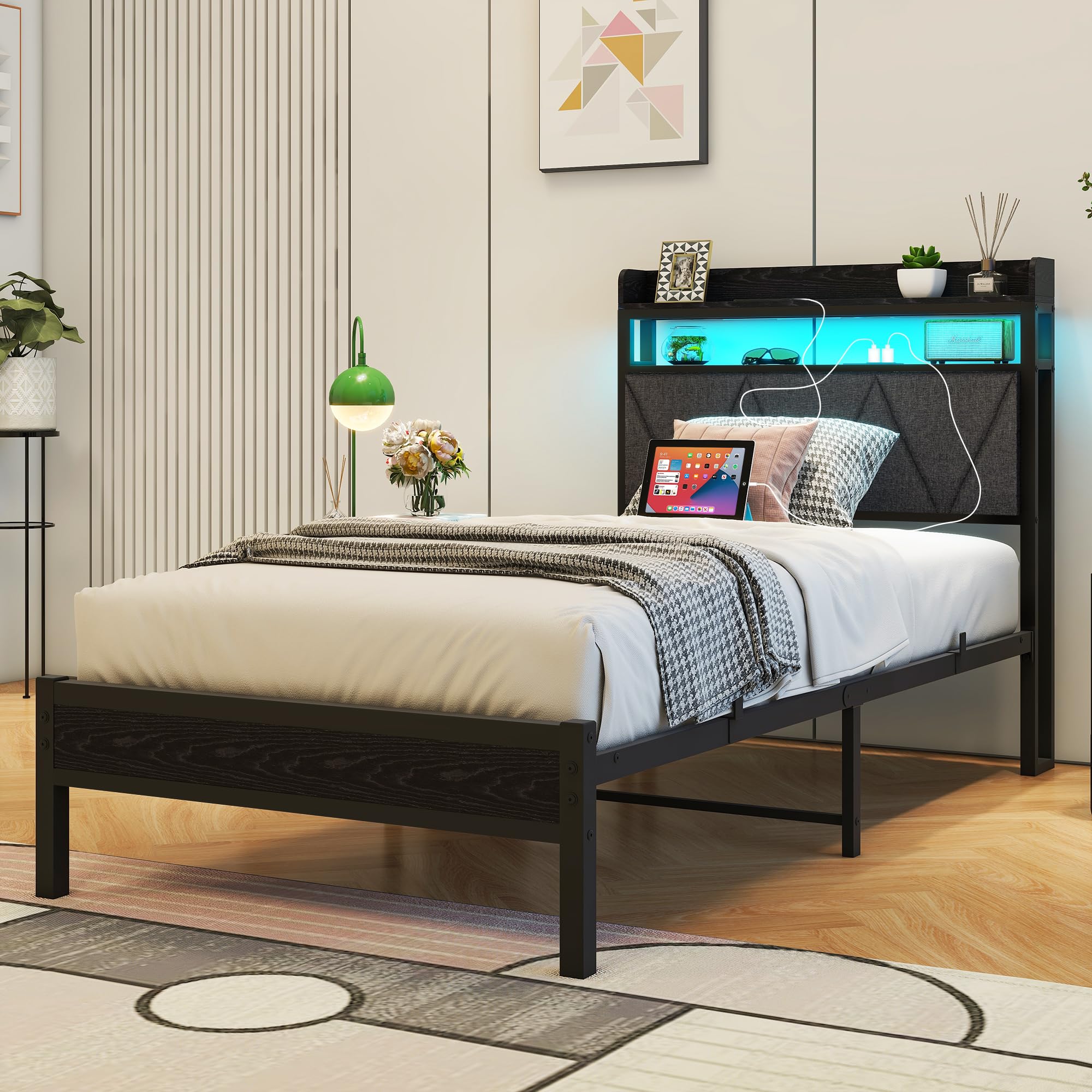Telaio letto singolo da 0,91 m con luci LED, testiera imbottita con spazio per riporre oggetti e stazione di ricarica, letto a piattaforma in metallo solido, misura singola, senza molle