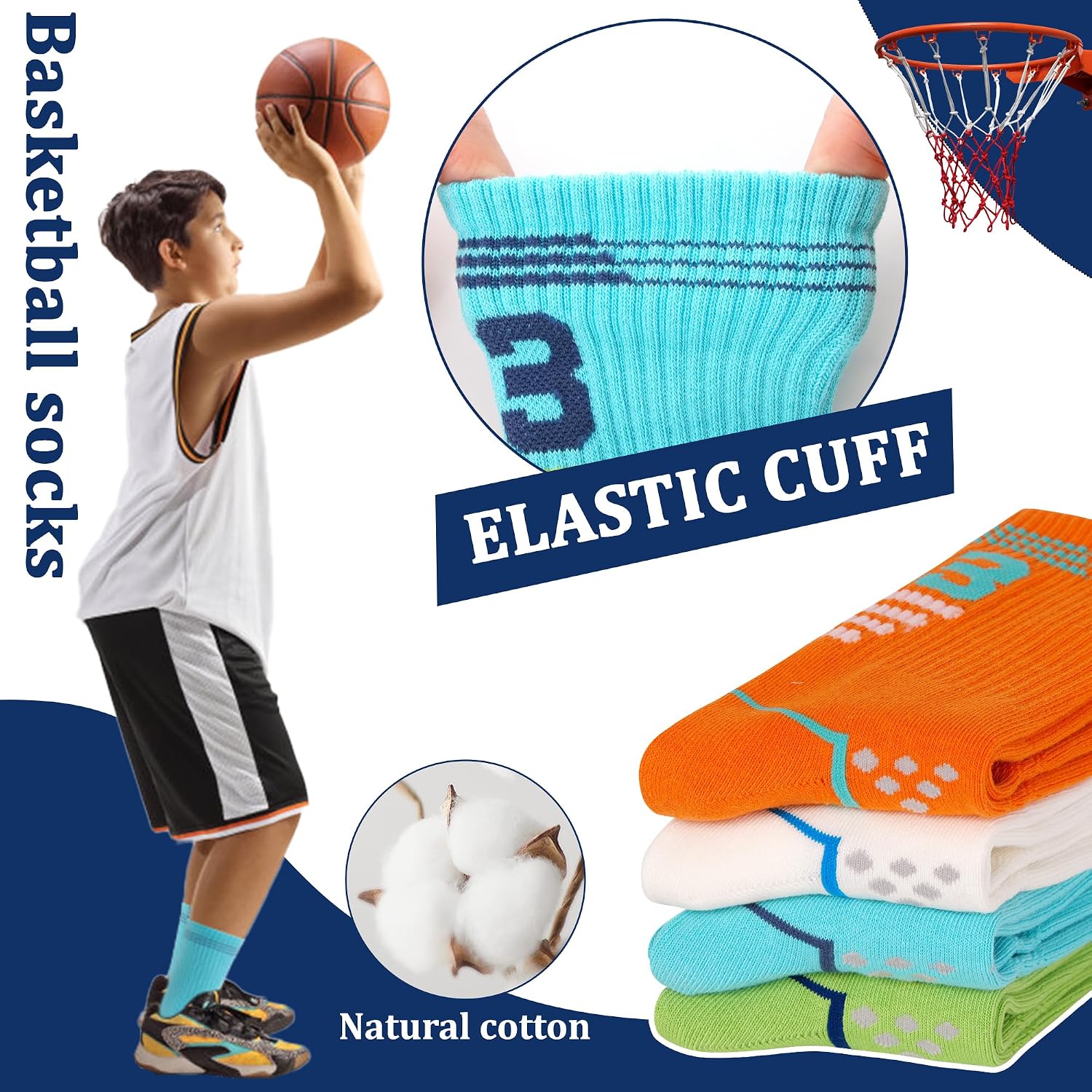 Tphon Kids Boys Socks Athletic Basketball Cushioned Sports Running Training Sock Youth Crew Cotton Breathable Socks 4 Pairs