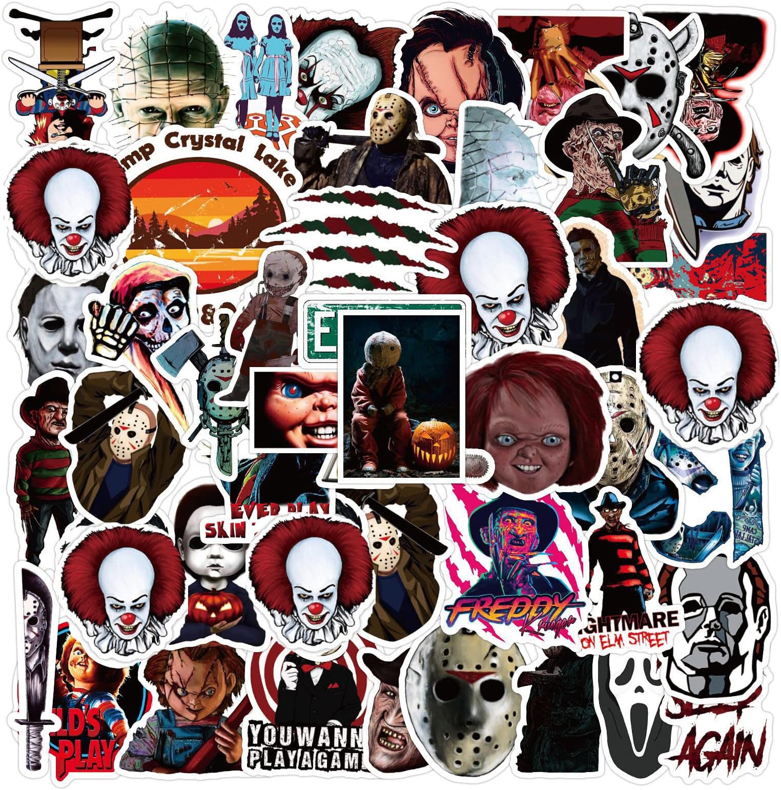 50Pcs Thriller Horror Movie Killer Role Character Stickers for Water Bottle Cup Laptop Guitar Car Motorcycle Bike Skateboard Luggage Box Vinyl Waterproof Graffiti Patches