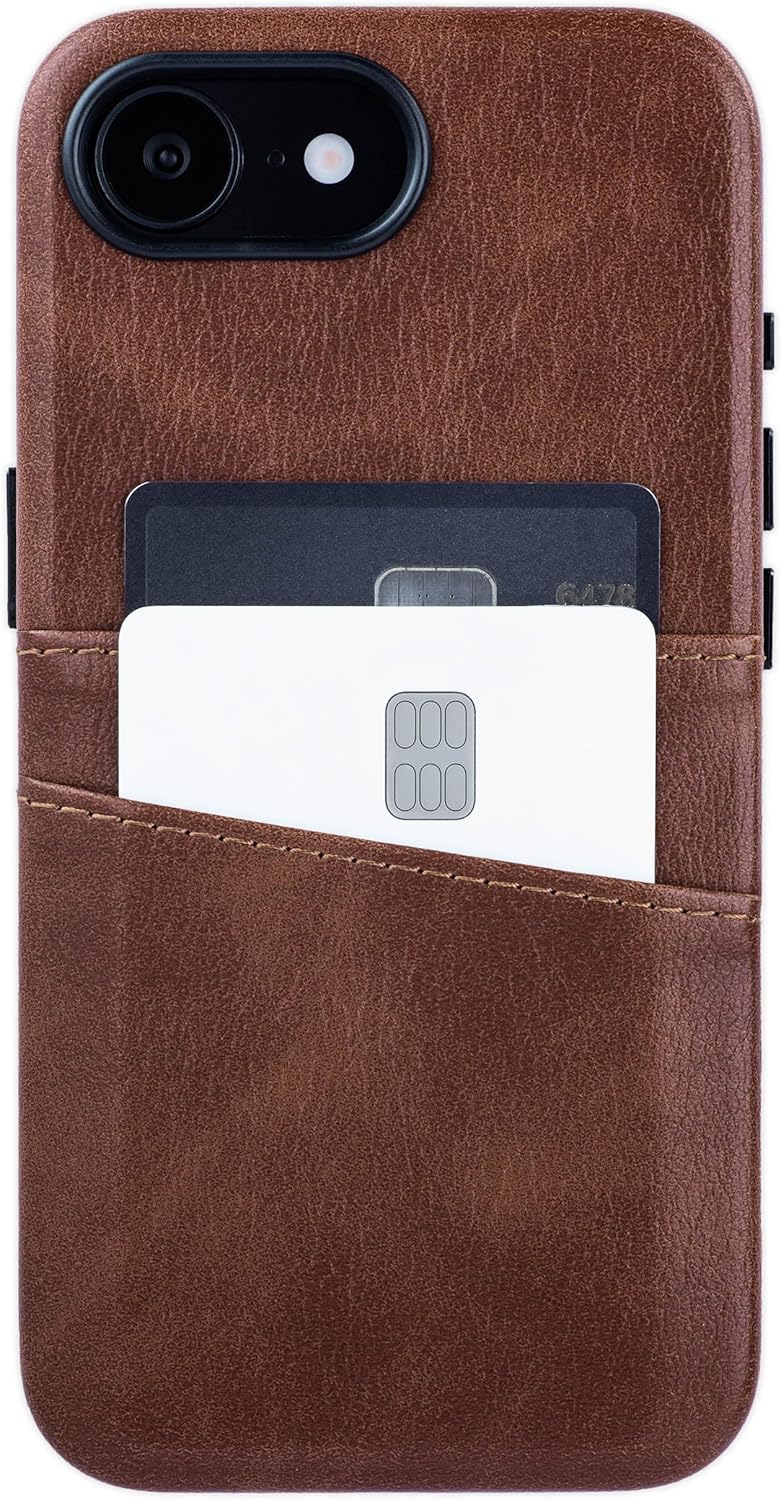Dockem Card Case for iPhone 17e, iPhone 16e with Built-in Metal Plate for Magnetic Mounting & Wallet with 2 Holder Slots: M2 Exec Premium Synthetic Leather (Brown)