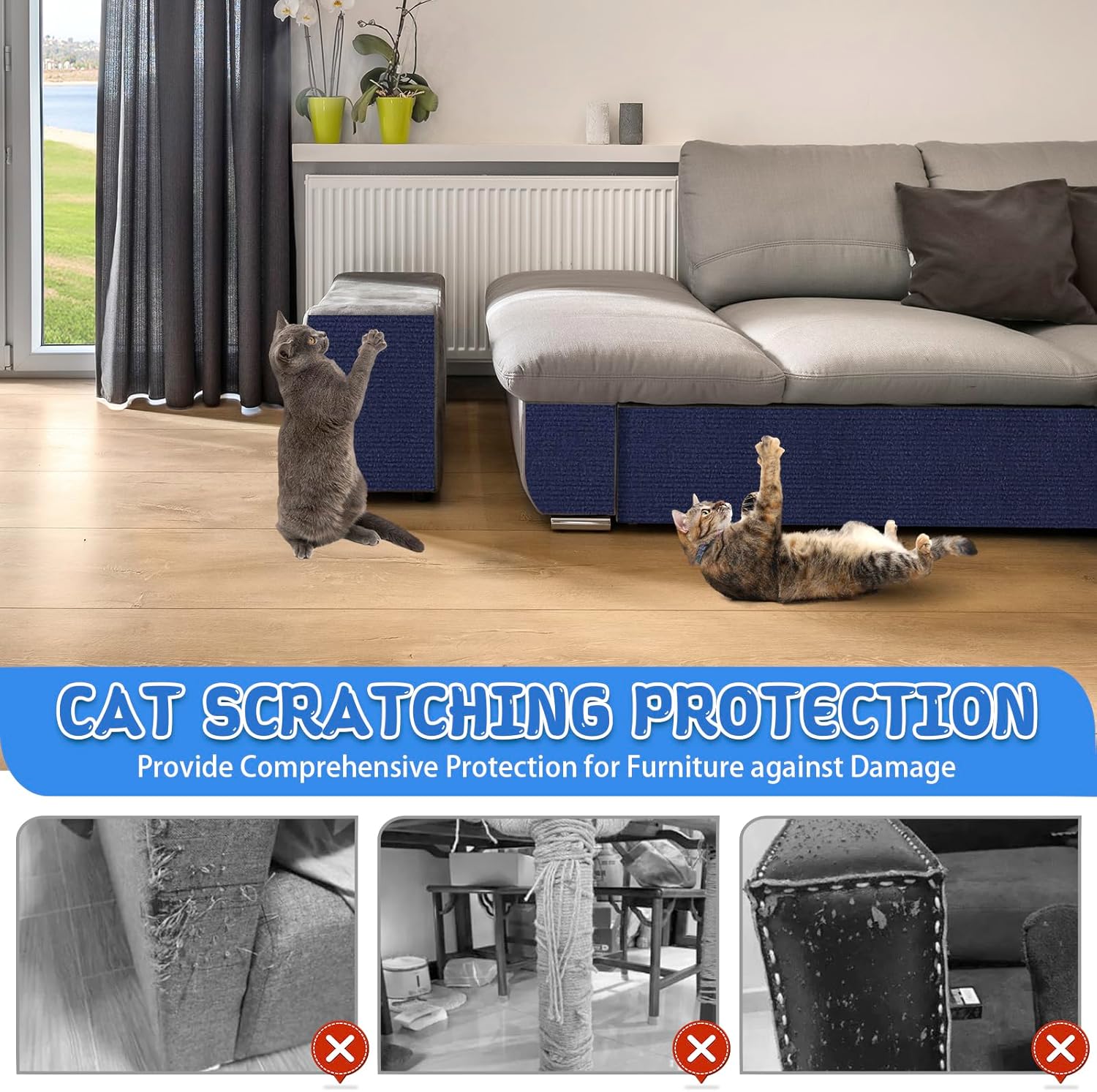 Climbing Cat Scratcher Mat Trimmable Cat Scratching Post Carpet 157.4’’x15.8’’ Self Adhesive Carpet Mat Pad Replacement for Cat Tree Shelves Post Couch Wall Furniture Steps DIY Protector (Dark Blue)