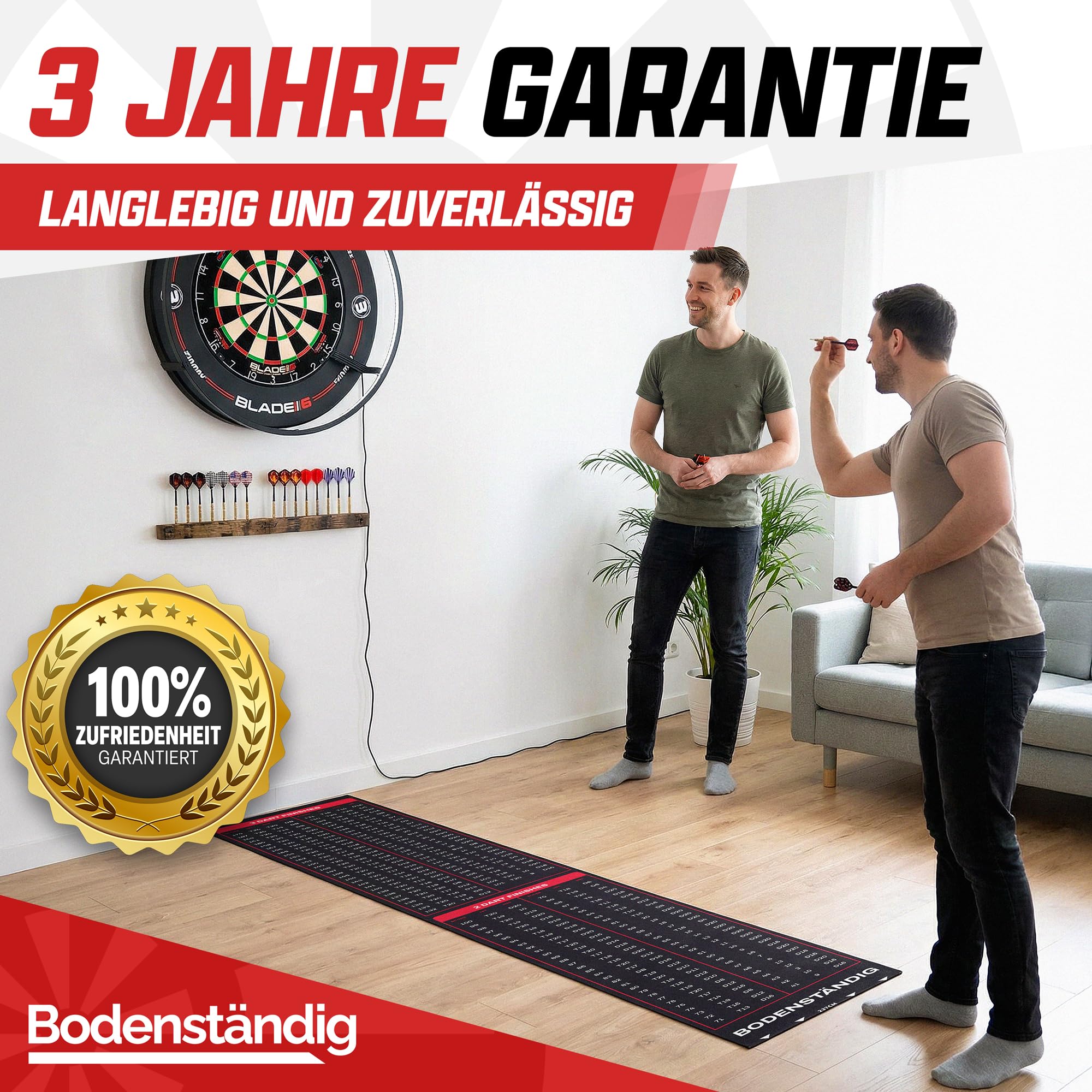 Bodenständig – Wurfmatte für Darts mit Abwurflinie, Punkteleiste & Schutz