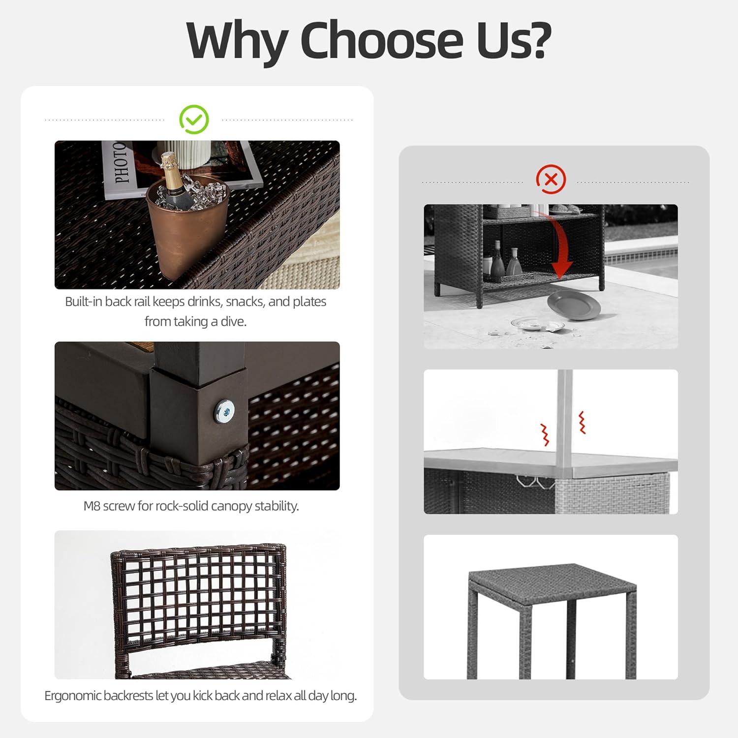 Outdoor Tiki Bar Set, 3 Pieces All-Weather Wicker Patio Bar Set with 2 Height Stools and Storage, Outdoor Bar Set for Outside Patio, Garden, Backyard, Brown