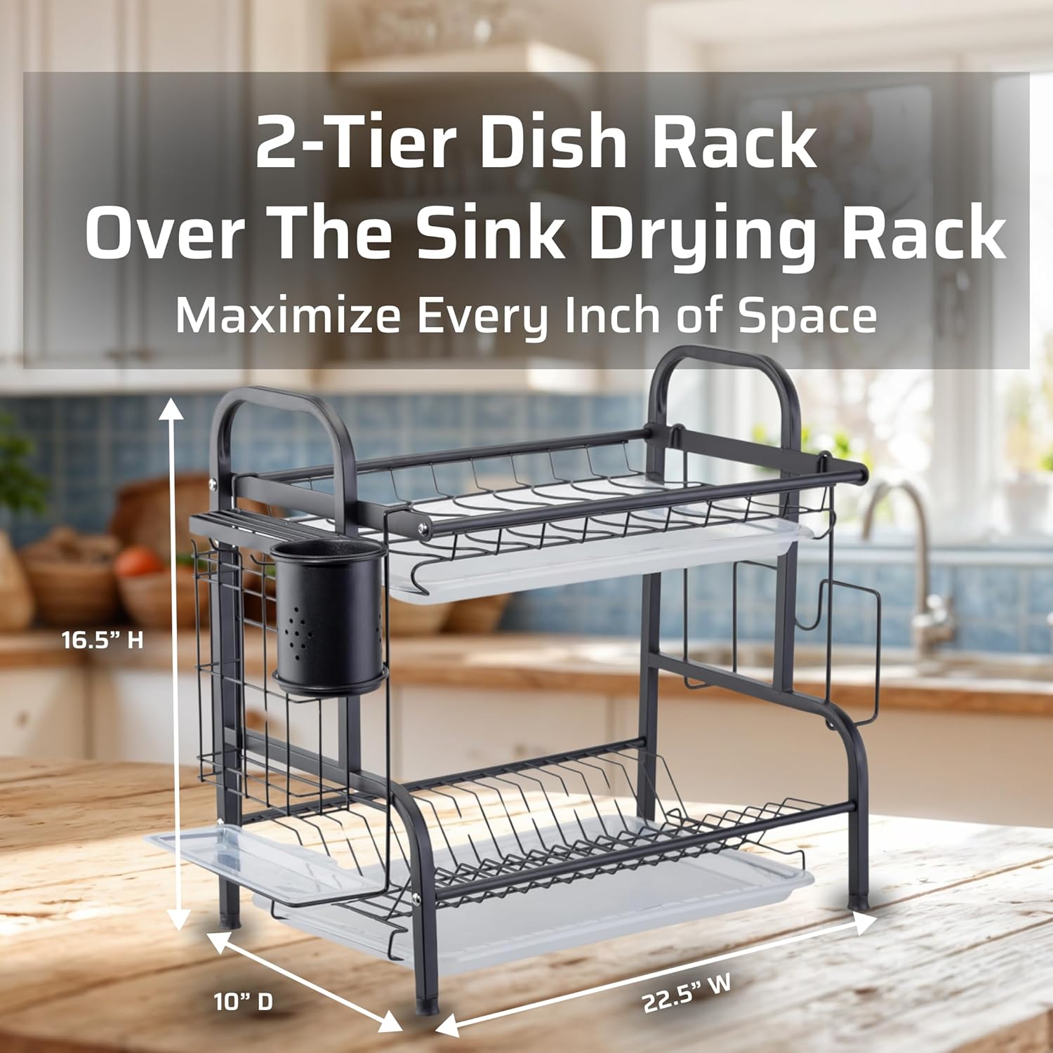Farenheit Stainless Steel 2-Tier Side Sink Dish Drying Rack for Kitchen Counter, Space Saving Multipurpose Dish Rack with Utensil Holder, Sink Caddy, Cutting Board & Cutlery Basket-Black, FT01H