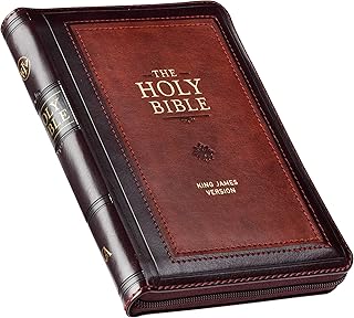 KJV Holy Bible, Compact Faux Leather Red Letter Edition - Ribbon Marker, King James Version, Burgundy/Saddle Tan, Zipper Closure