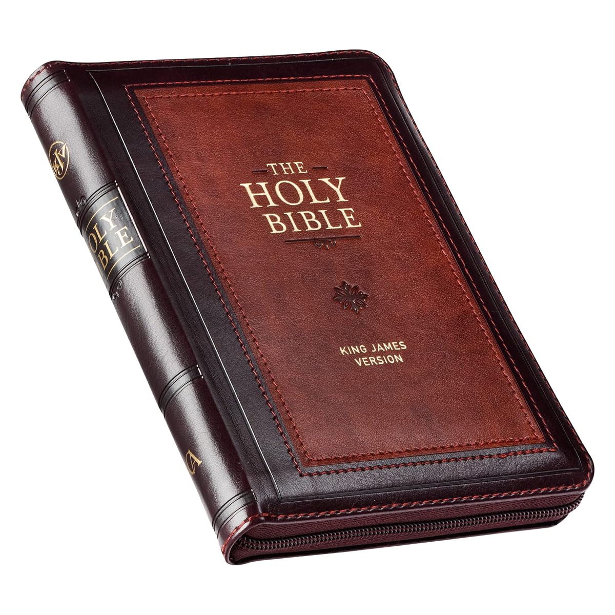 KJV Bible Compact (Faux Leather, Burgundy/Saddle Tan W/Zipper)