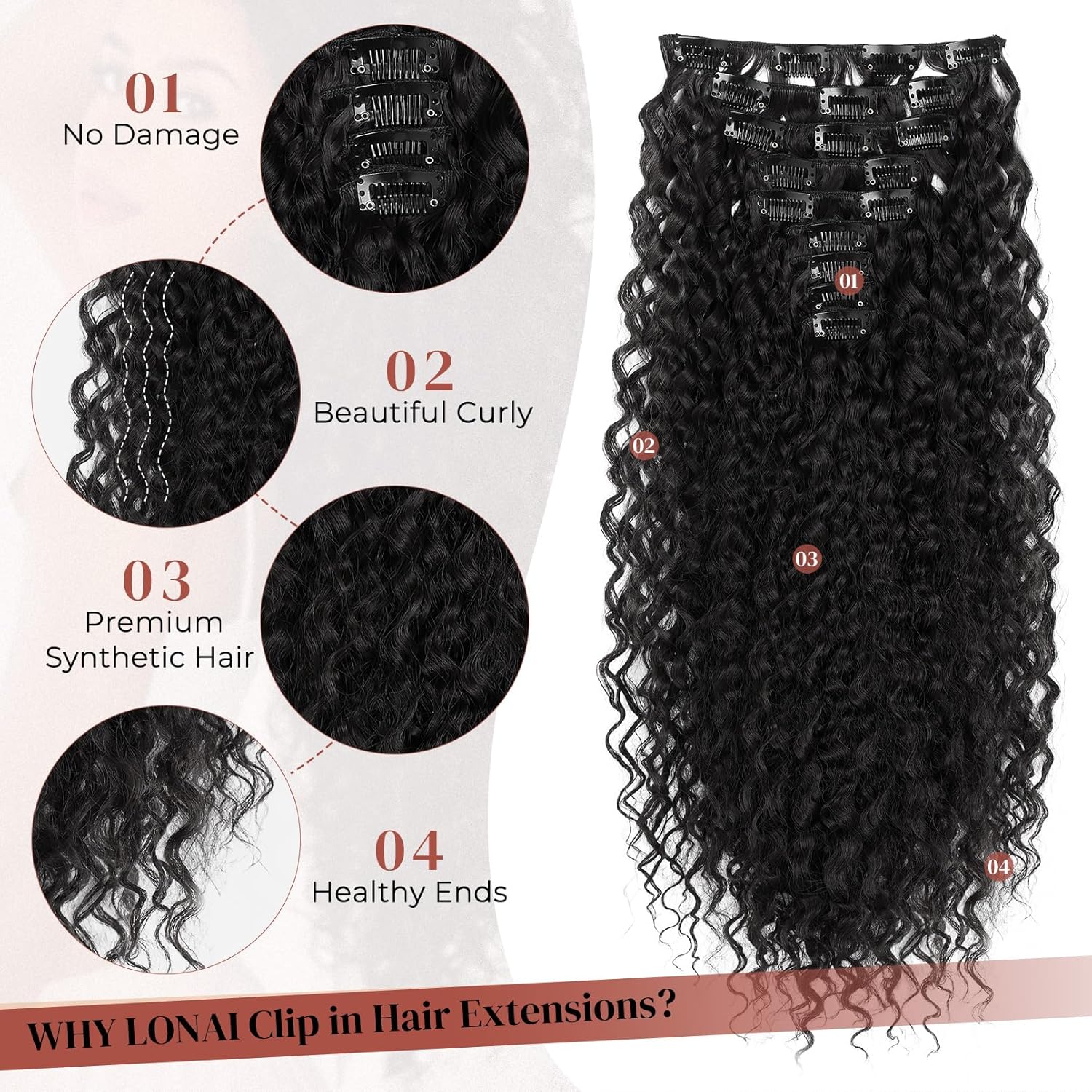 LONAI Black Hair Extension,9PCS 22" Curly Clip in Hair Extensions LN002 Long Soft Thick Synthetic Hairpieces for Women-Black - Image 3