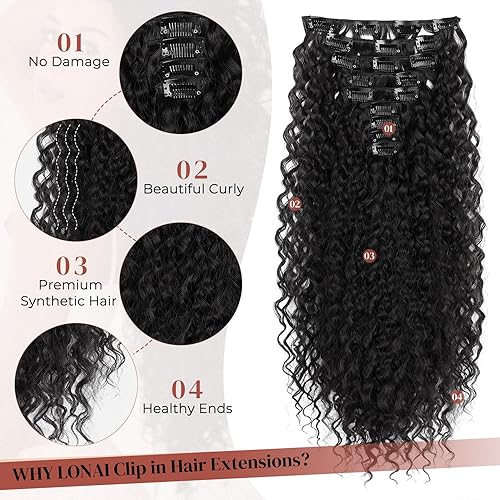 Miniatura 3 de LONAI Extensiones de cabello negro LN002 de 22 pulgadas rizado con clip, extensiones de cabello sintético largo suave y grueso para mujer, color