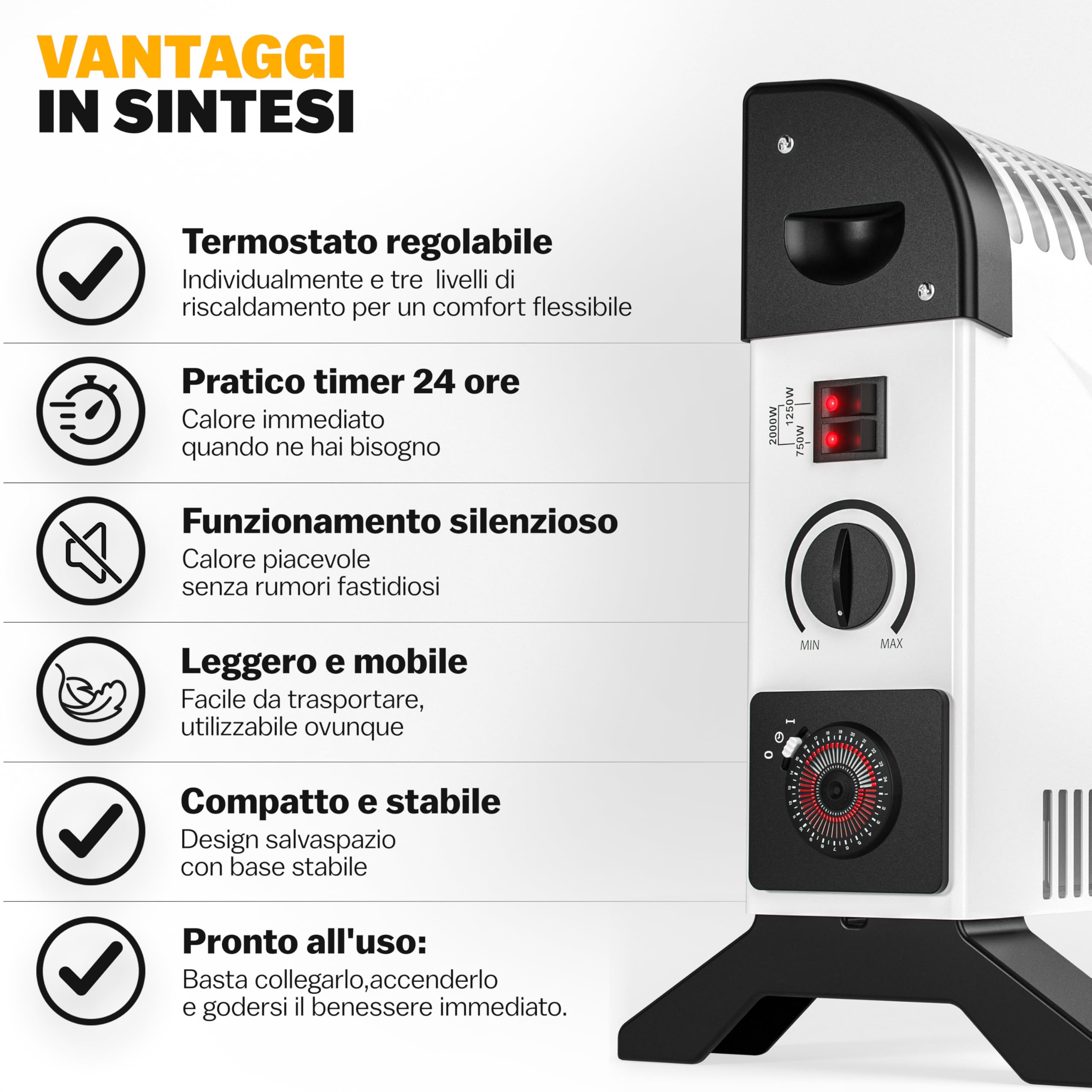 MONZANA Stufa Elettrica a Convettore 2000 W incl. Timer 24 h 3 Livelli di Riscaldamento Termostato Radiatore Elettrico