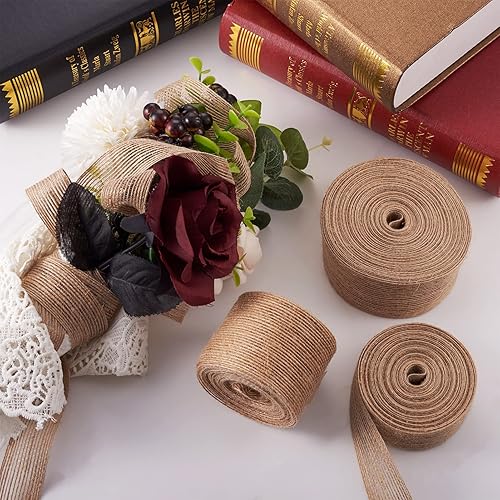 Miniatura 3 de PandaHall - 3 rollos de cinta de yute rústico natural de 1 pulgada y 2 pulgadas, cinta de artesanía de arpillera color marrón tostado para envoltura