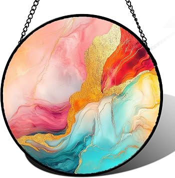 Stained Glass Window Hanging Abstract Pink Gold Marble 6.3" - Suncatcher Door Garden Sunroom Sun Catcher Decor Housewarming Birthday for Mom Grandma Home Owner Woman
