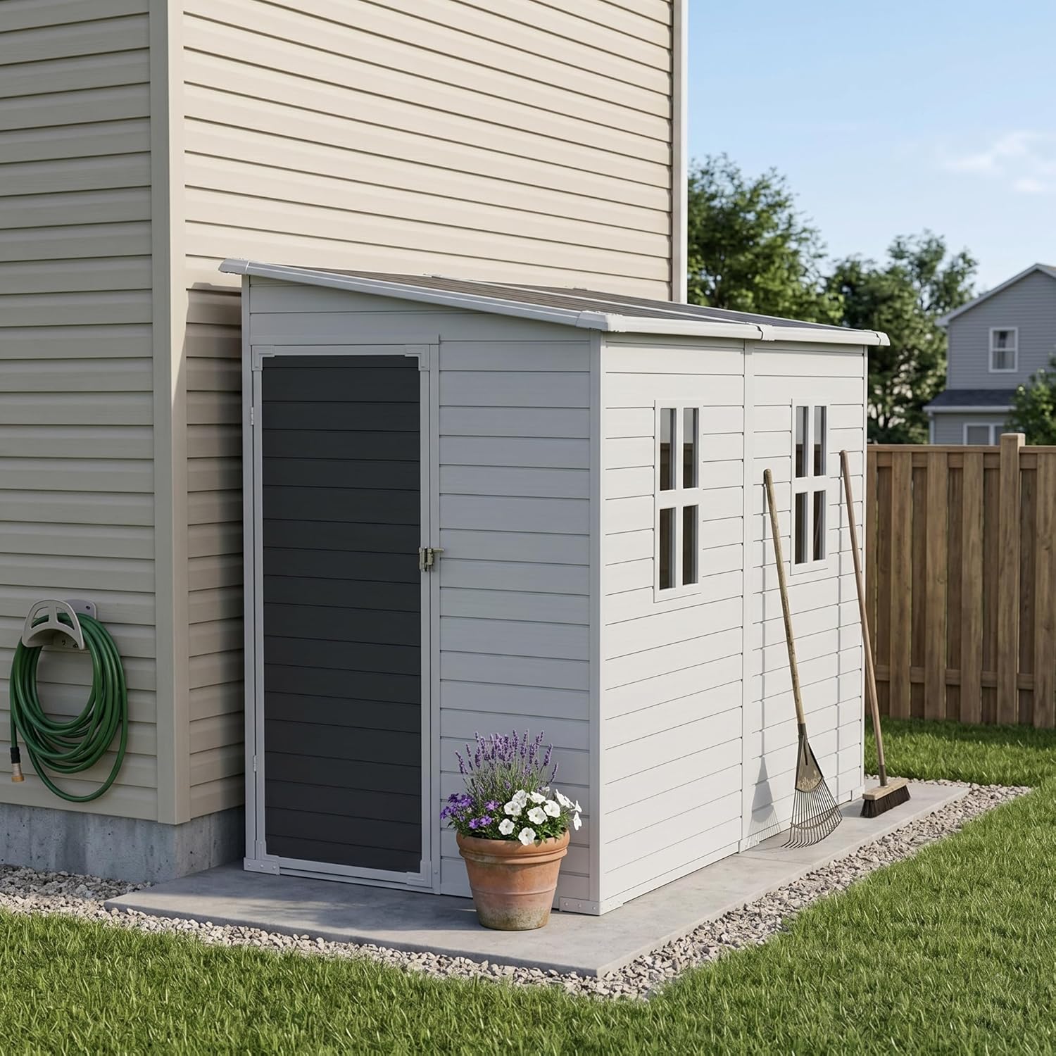 8x4 FT Resin Shed with Floor Weatherproof Outdoor Storage Shed Large Plastic Shed with Window & Lockable Door Tool Garden Sheds for Backyard, Patio