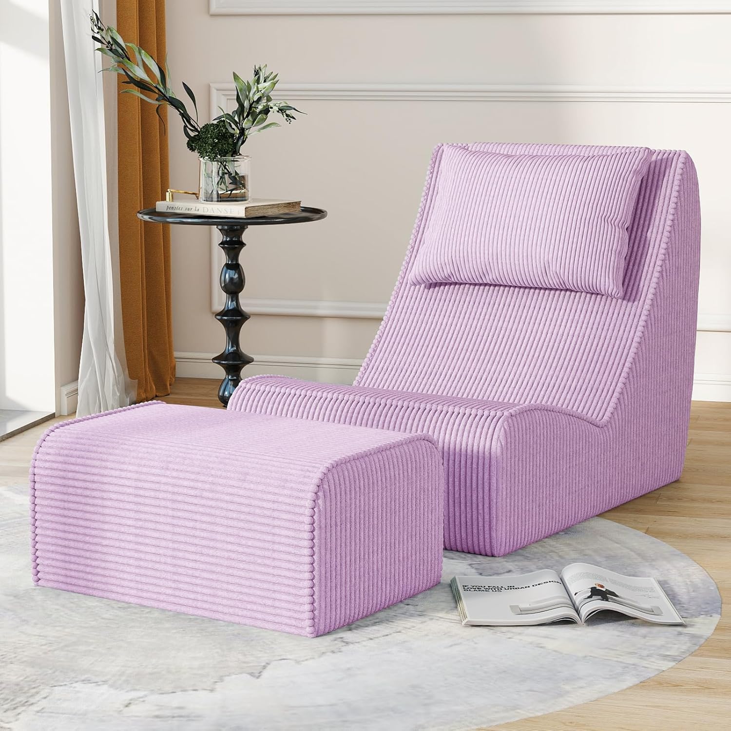 Giant Bean Bag Chair for Adults,Corduroy Chaise Lounge with Unrivaled Back Support, Detachable Neck Pillow, Comfortable Ottoman & Washable Cover for Living Room, Bedroom, Garden (Taro)