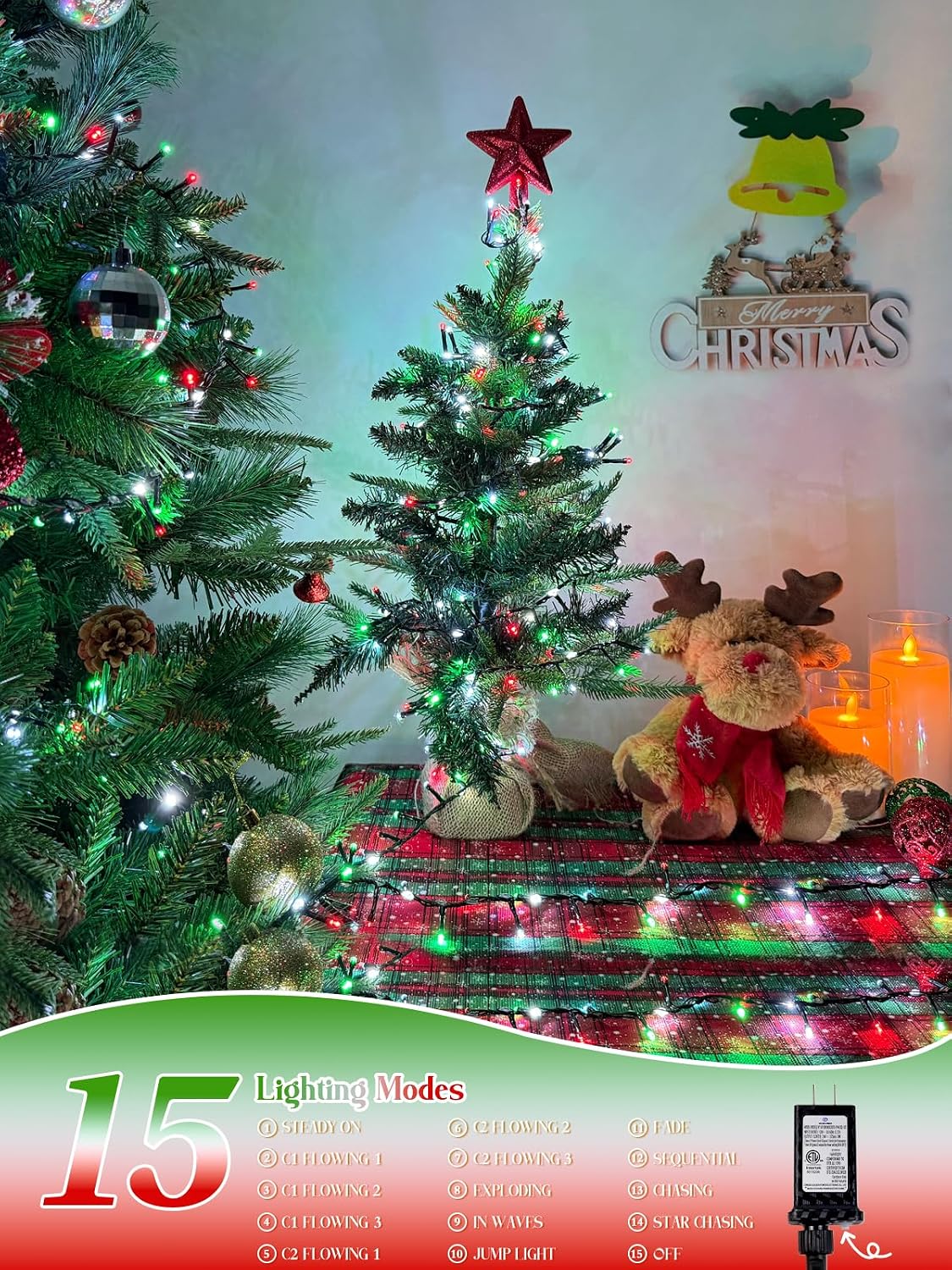 800 LED Christmas Slow Twinkle Cluster Lights, Firecracker Fairy Lights with 15 Modes & Timer Function, Waterproof String Lights for Indoor Outdoor Tree Christmas Decorations, Red Green and White