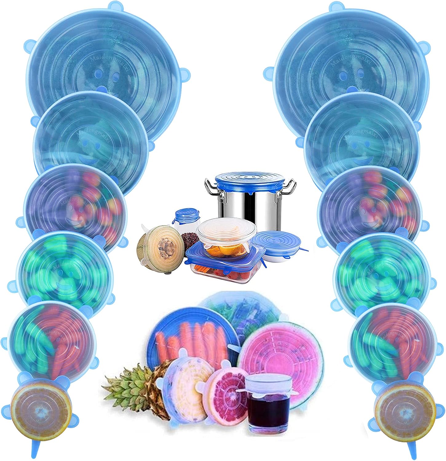 Silicone Stretch Lids, Various Sizes Cover for Bowl, Silicone Lids to Fit All Shape of Containers, Stretchable Food Covers Reusable Container Lids (blue 12Pack-3)