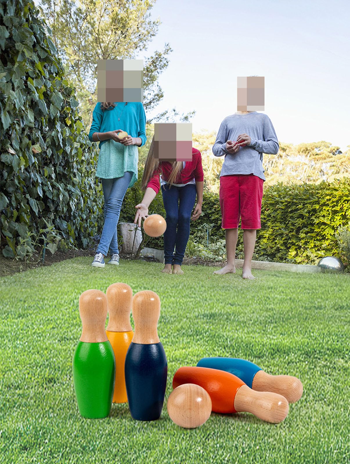 Set de Bolos de Madera para niños, Bolos y Bolas Coloridos