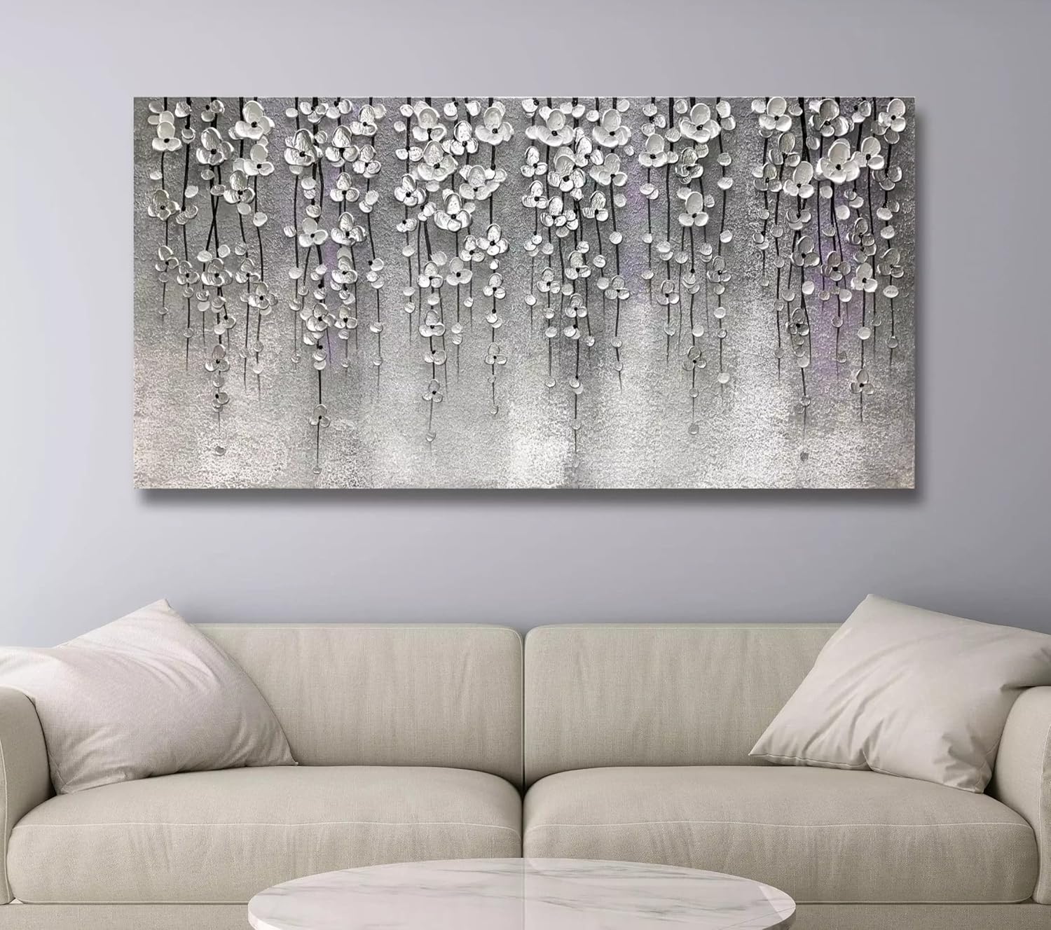 Yika Art 3D Paintings 24X48 Inch Modern Abstract Oil Painting Hand Painted On Canvas Abstract Artwork Picture Wall Decoration for living room - Silver Flower Wall Art (Gery)
