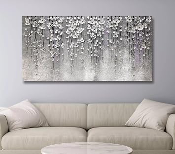 Yika Art 3D Paintings 24X48 Inch Modern Abstract Oil Painting Hand Painted On Canvas Abstract Artwork Picture Wall Decoration for living room - Silver Flower Wall Art (Gery)