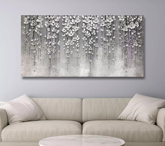 Yika Art 3D Paintings 24X48 Inch Modern Abstract Oil Painting Hand Painted On Canvas Abstract Artwork Picture Wall Decoration for living room - Silver Flower Wall Art (Gery)