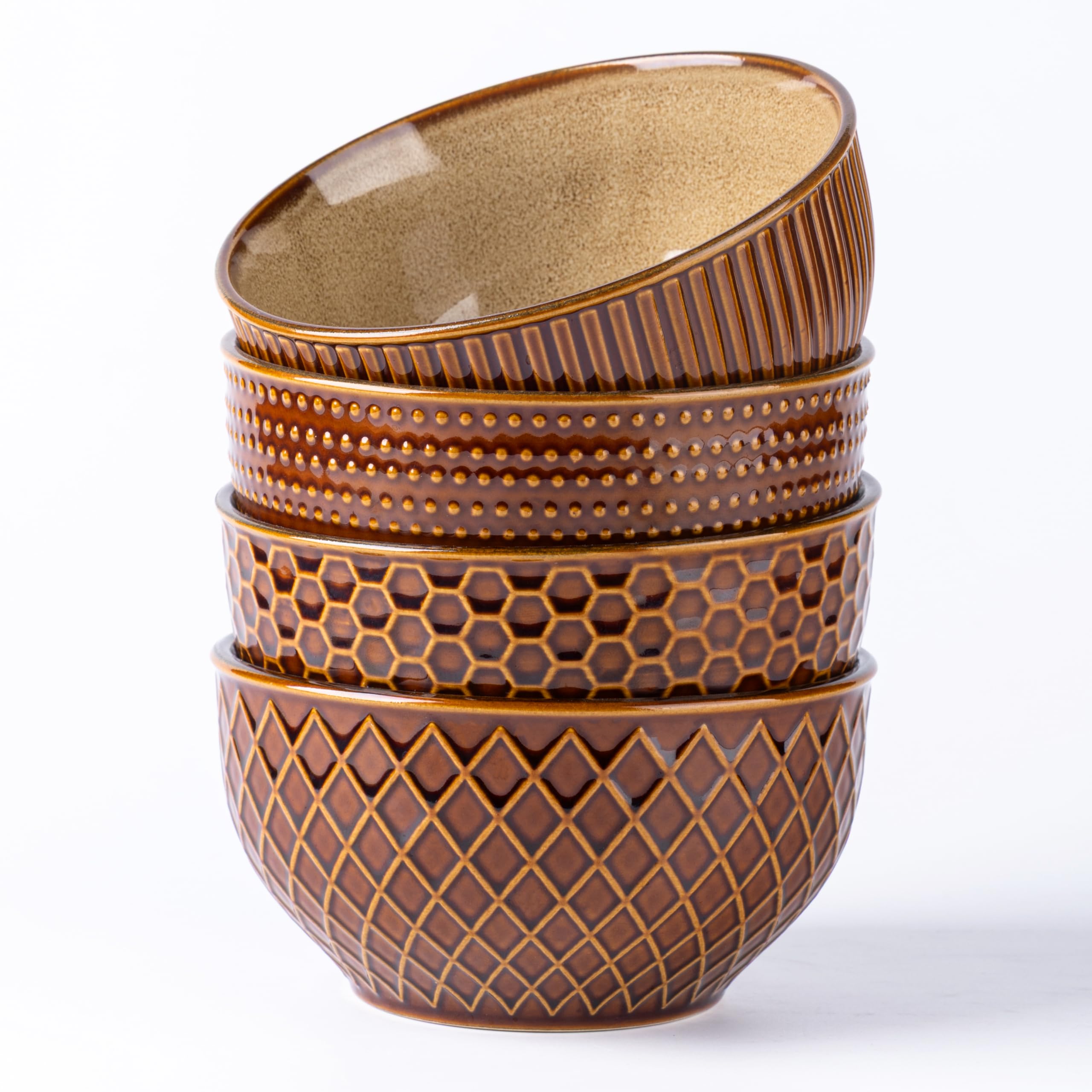 GBHOME Stoneware Cereal Bowls Set of 4, 24 oz Ceramic Soup Bowls with Texture Patterns for Soup,Oatmeal,Snack Perfect for Wedding, House-warming Gift - Caramel