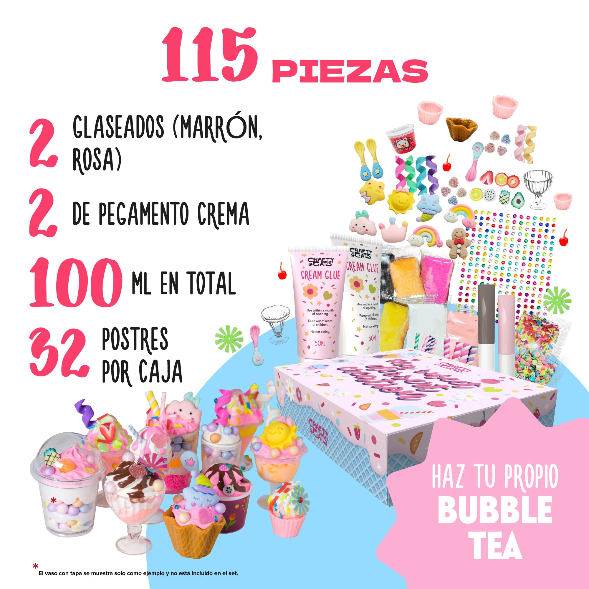 CRAFTY CATS Kit de manualidades Fiesta de Postres 115 piezas Arcilla al aire, perlas, pegamento crema con boquillas Set creativo DIY, cumpleanos y regalo, para ninos 6+