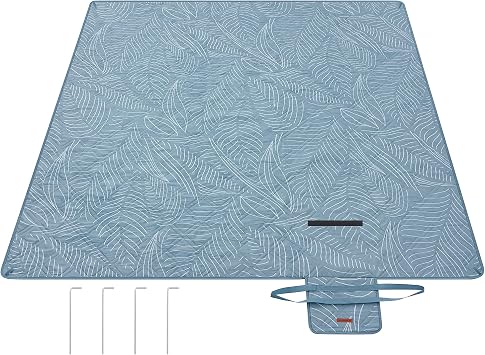 SONGMICS Picnic Blanket, 200 x 200 cm, with 4 Ground Pegs, Large Picnic Mat for Beach Park, Waterproof Layer, Machine Washable, Foldable, Leaf Pattern and Element Blue GCM010Q02