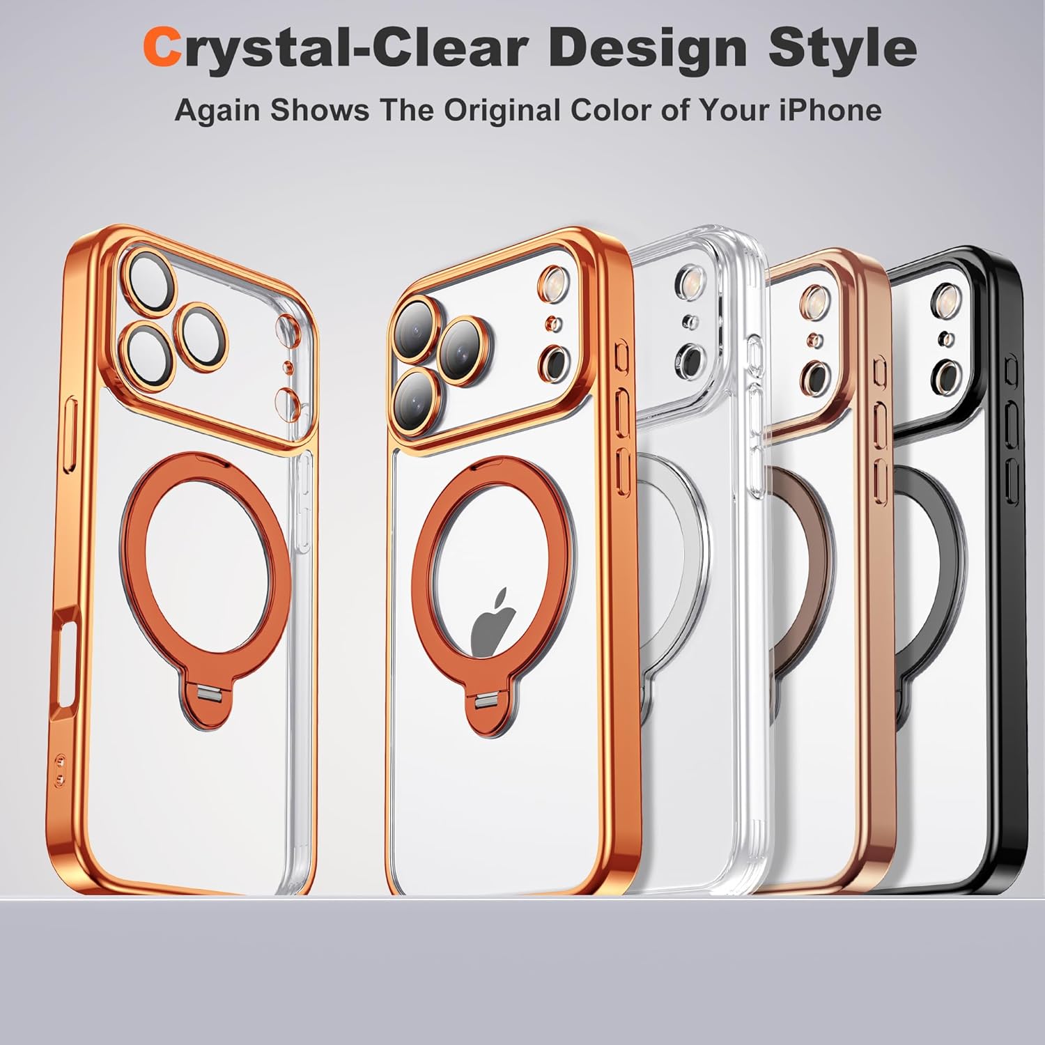 Compatible with iPhone 17 Pro Max Case with 360° Spin Magnetic Ring Stand [Compatible with Mag-Safe] Camera Lens Protector Plating Clear Phone Case for iPhone 17 Pro Max 6.9", Orange - Image 5