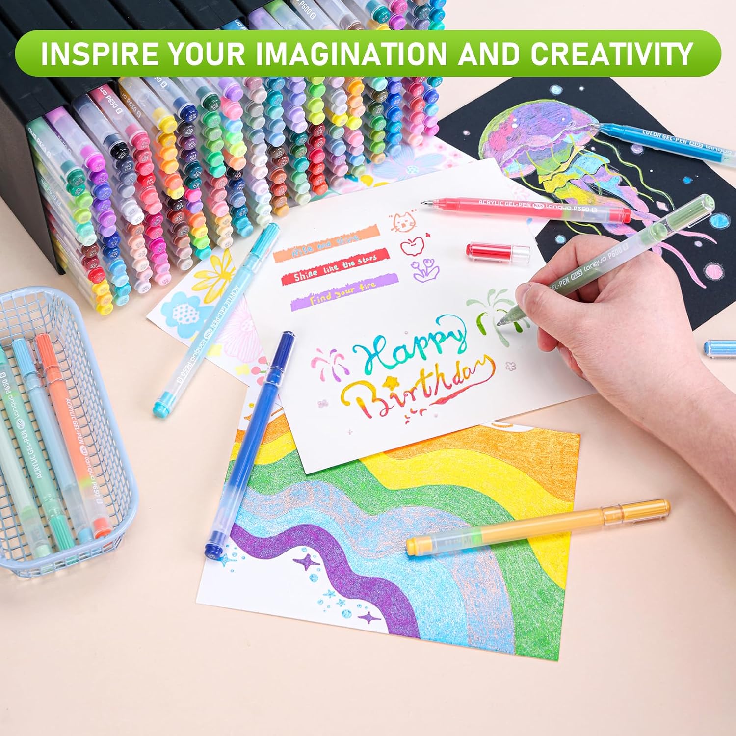 DICEKOO 216 Pack Acrylic Gel Pens for Coloring, Includes 144 Colors Gel Pens & 72 Colors Glitter Pens, 1mm Fine Tip Colored Gel Pens, 50% More Ink, Acrylic Pens for Black Paper, Journaling, Drawing